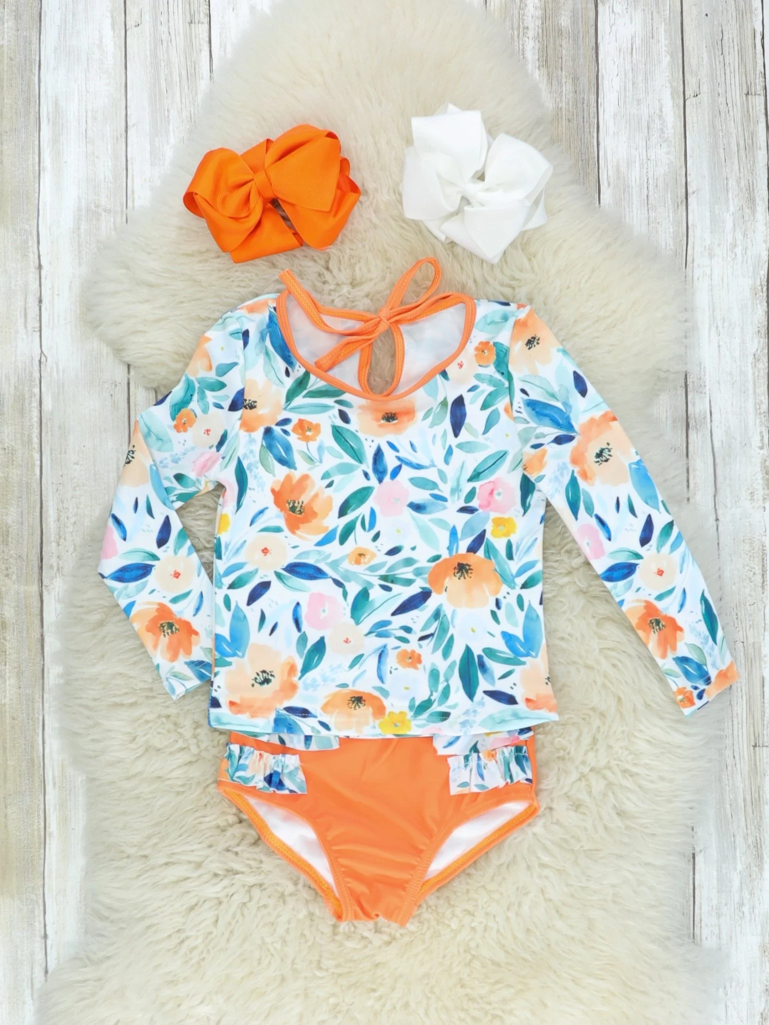 Orange & Blue Floral Rash Guard Ruffle Swimsuit