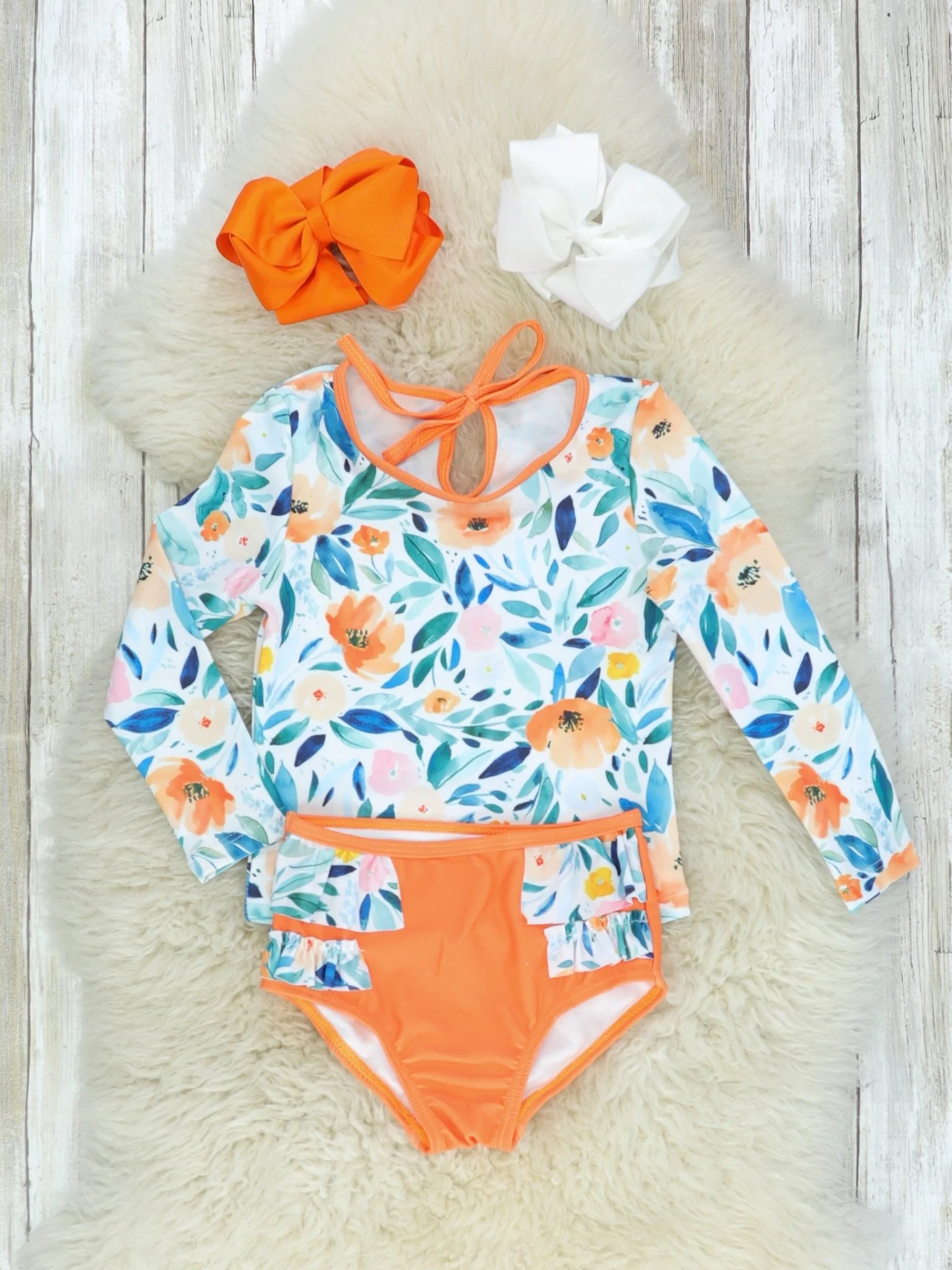 Orange & Blue Floral Rash Guard Ruffle Swimsuit - Image 2