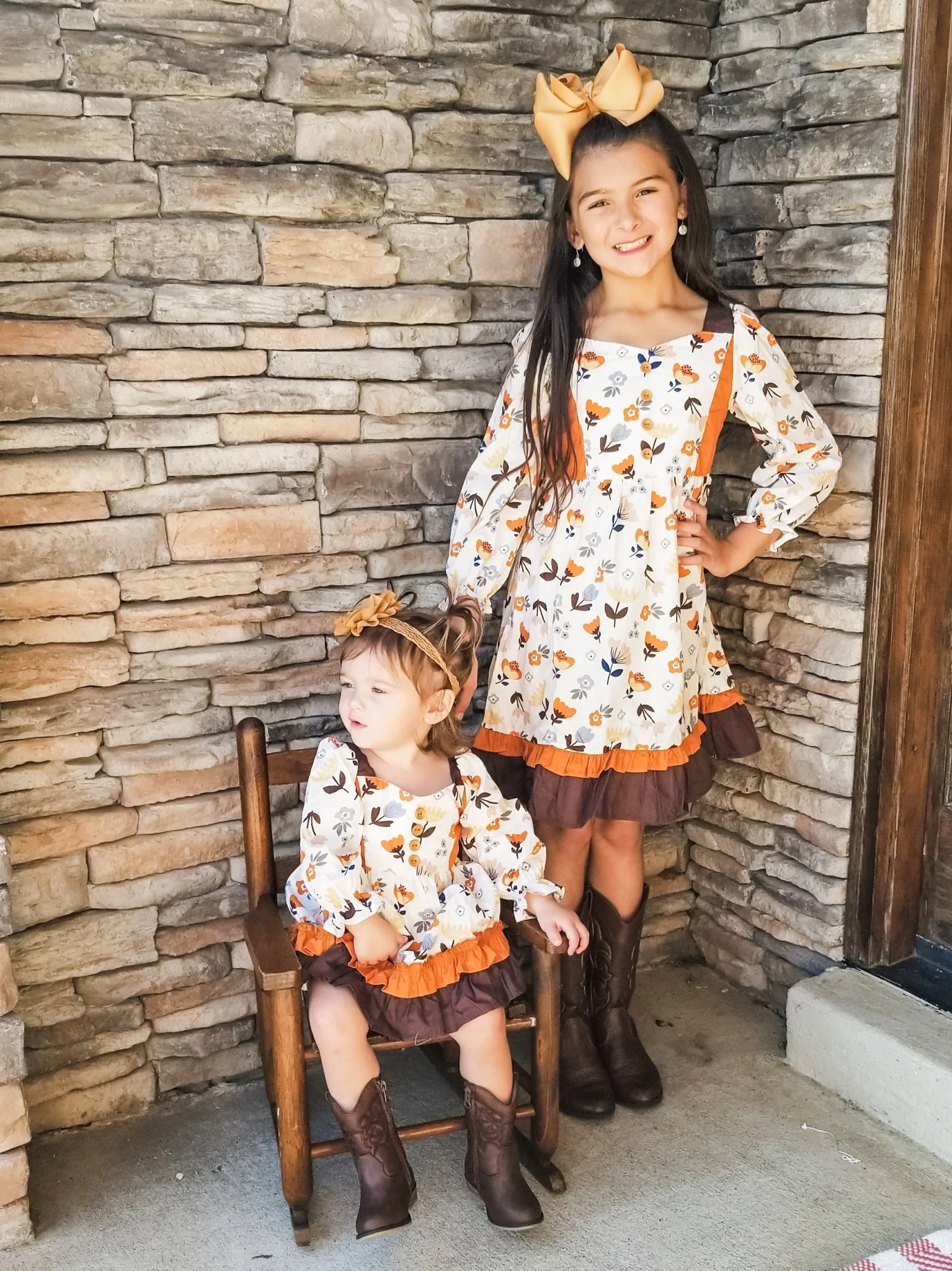 Orange & Brown Fall Floral Tiered Ruffle Dress - Image 3