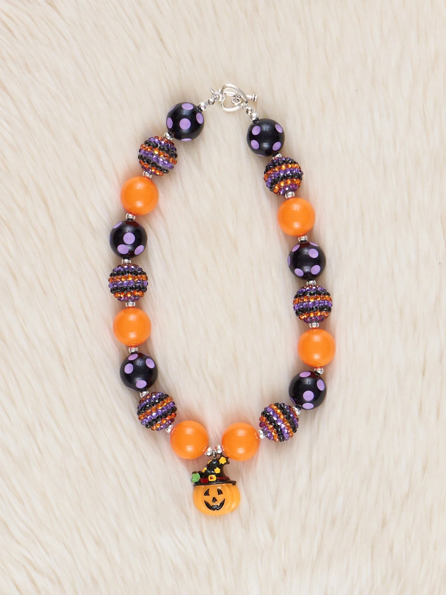 Orange & Black Pumpkin Charm Sparkle Bubblegum Necklace