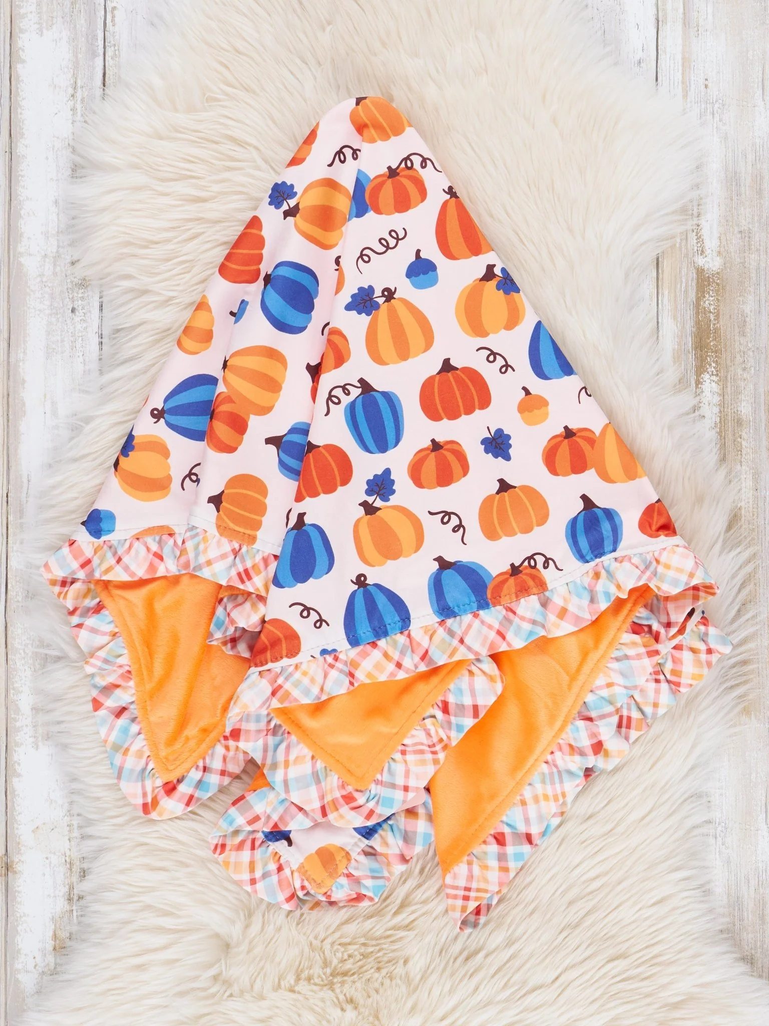 Orange Blooms & Blue Plaid Pumpkin Ruffle Minky Blanket
