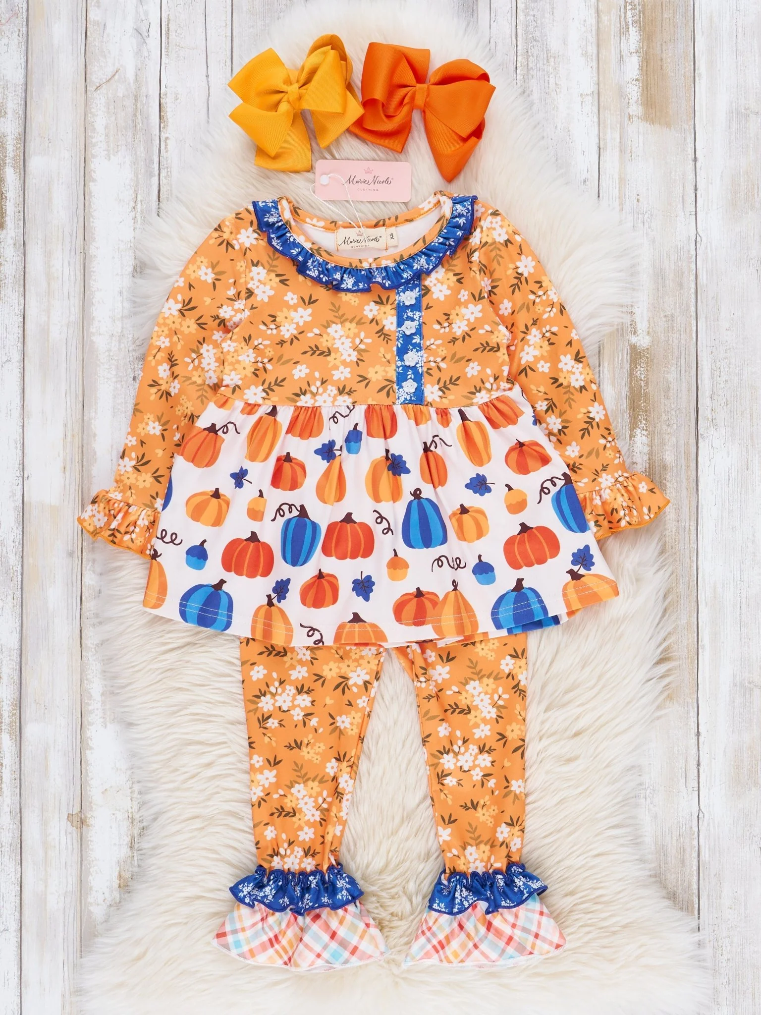 Orange Blooms & Blue Plaid Pumpkin Ruffle Outfit - Image 2