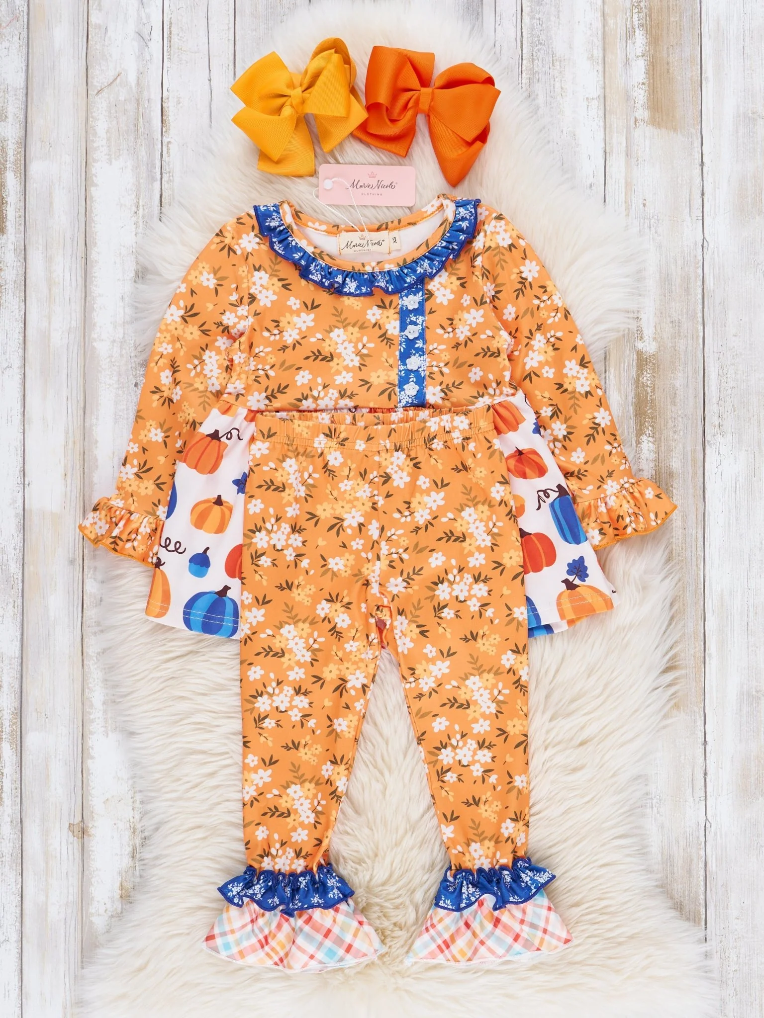 Orange Blooms & Blue Plaid Pumpkin Ruffle Outfit - Image 3