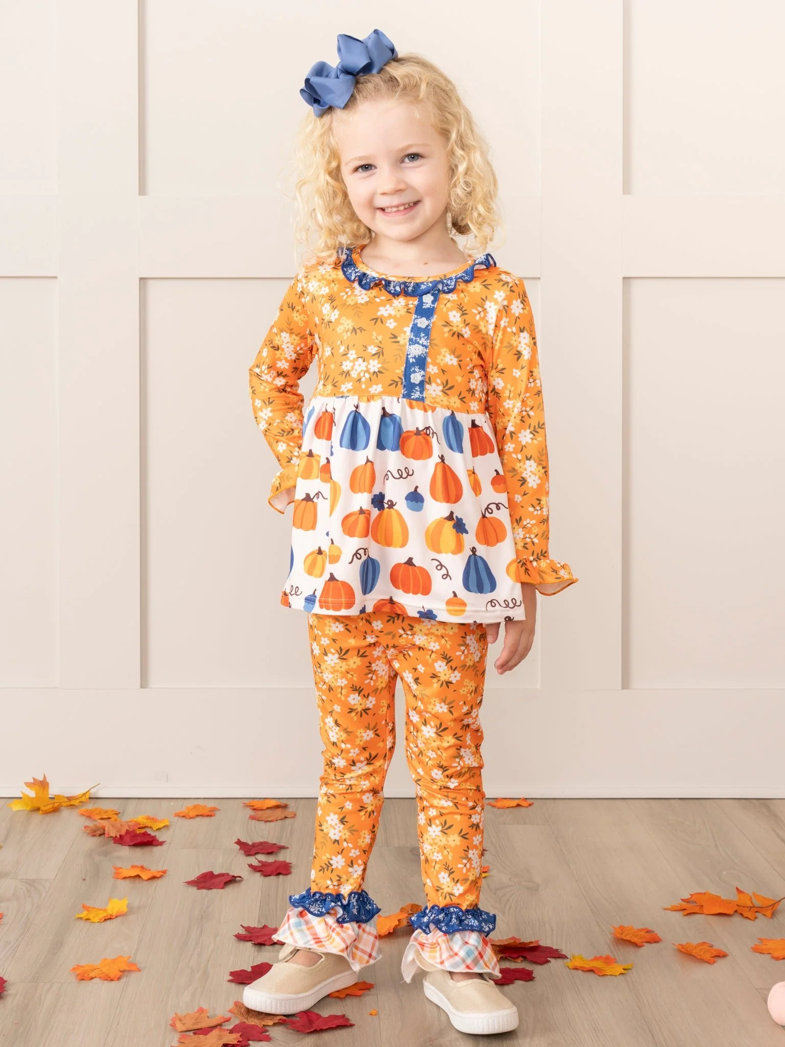 Orange Blooms & Blue Plaid Pumpkin Ruffle Outfit - Image 4