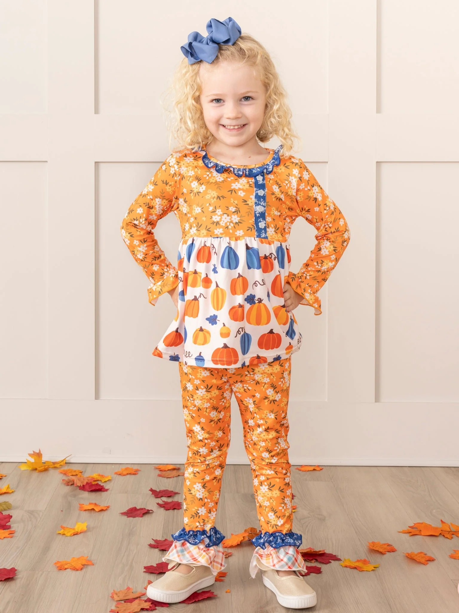 Orange Blooms & Blue Plaid Pumpkin Ruffle Outfit - Image 6