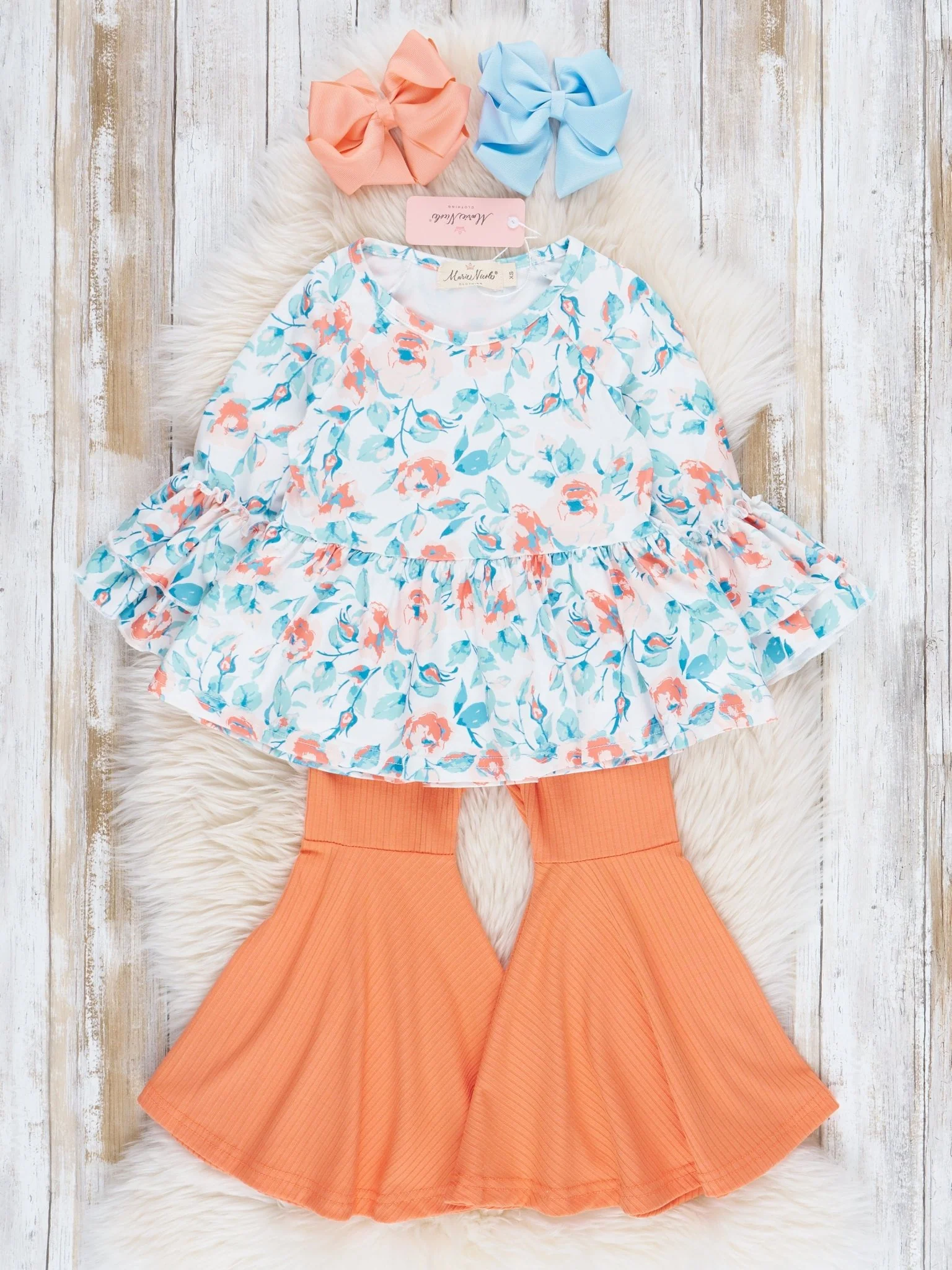 Orange & Blue Florals Ribbed Bell Bottoms Outfit