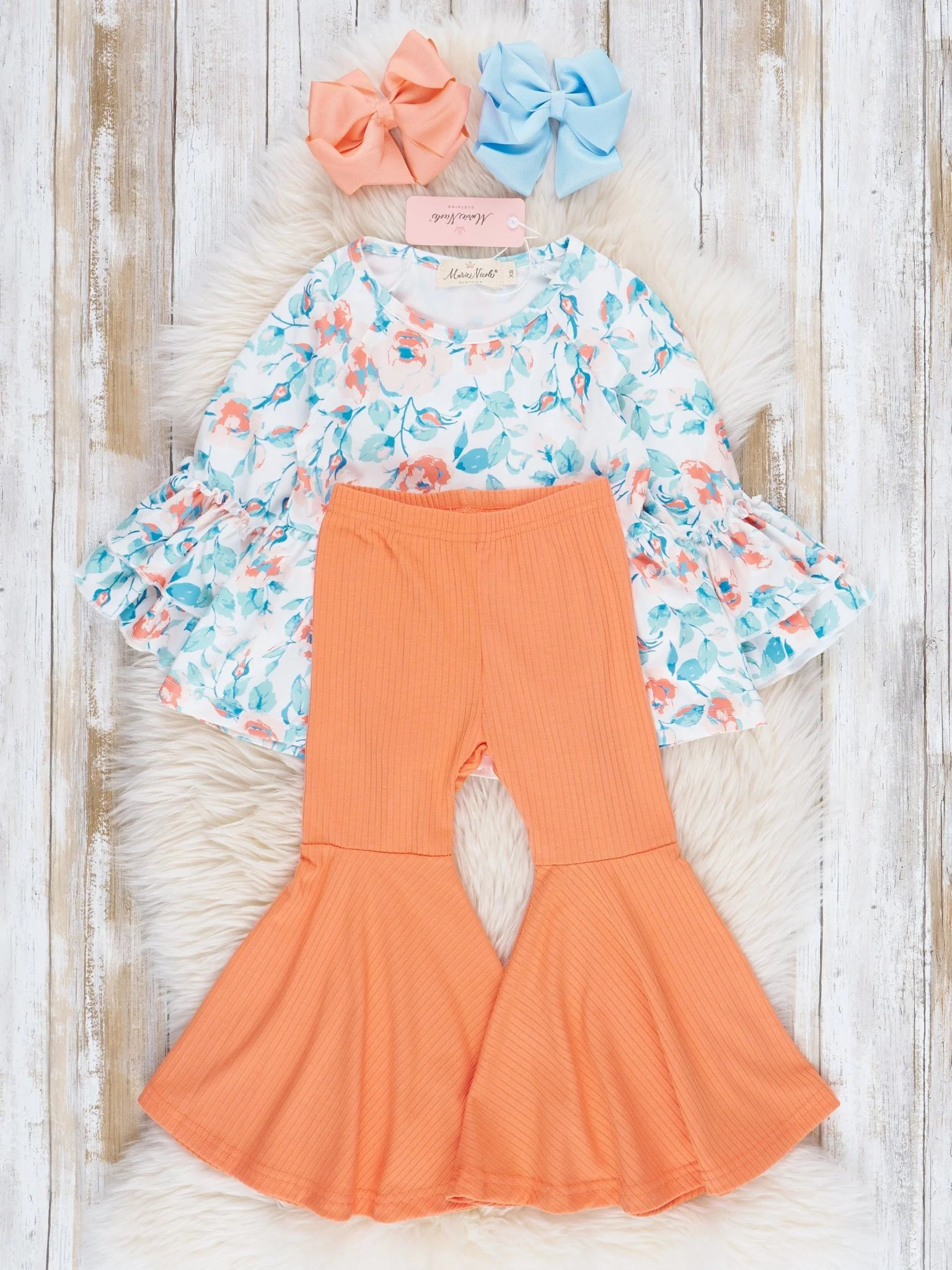 Orange & Blue Florals Ribbed Bell Bottoms Outfit - Image 2