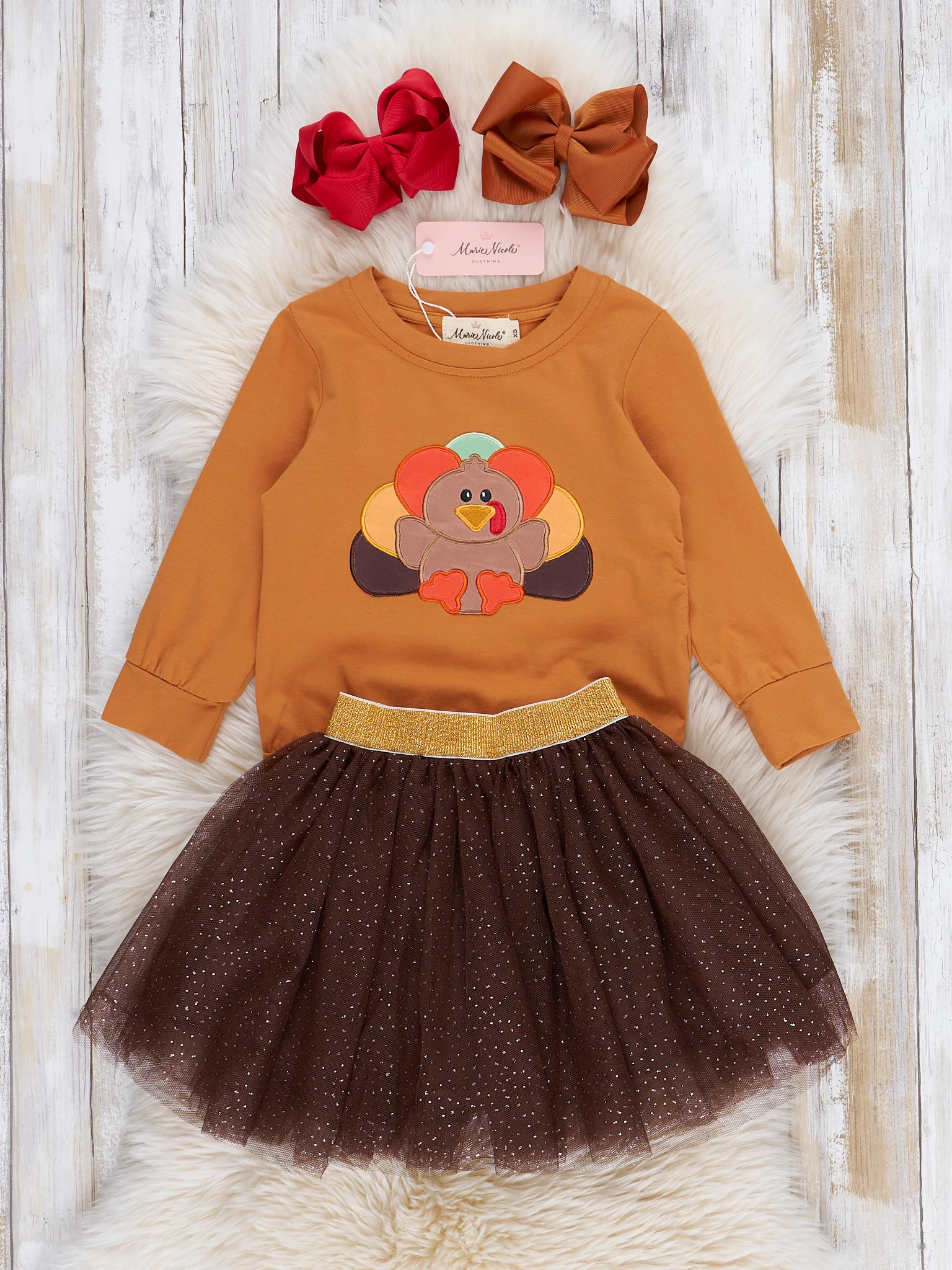 Orange & Brown Sparkle Embroidered Turkey Outfit w/ Tulle Skirt - Image 3