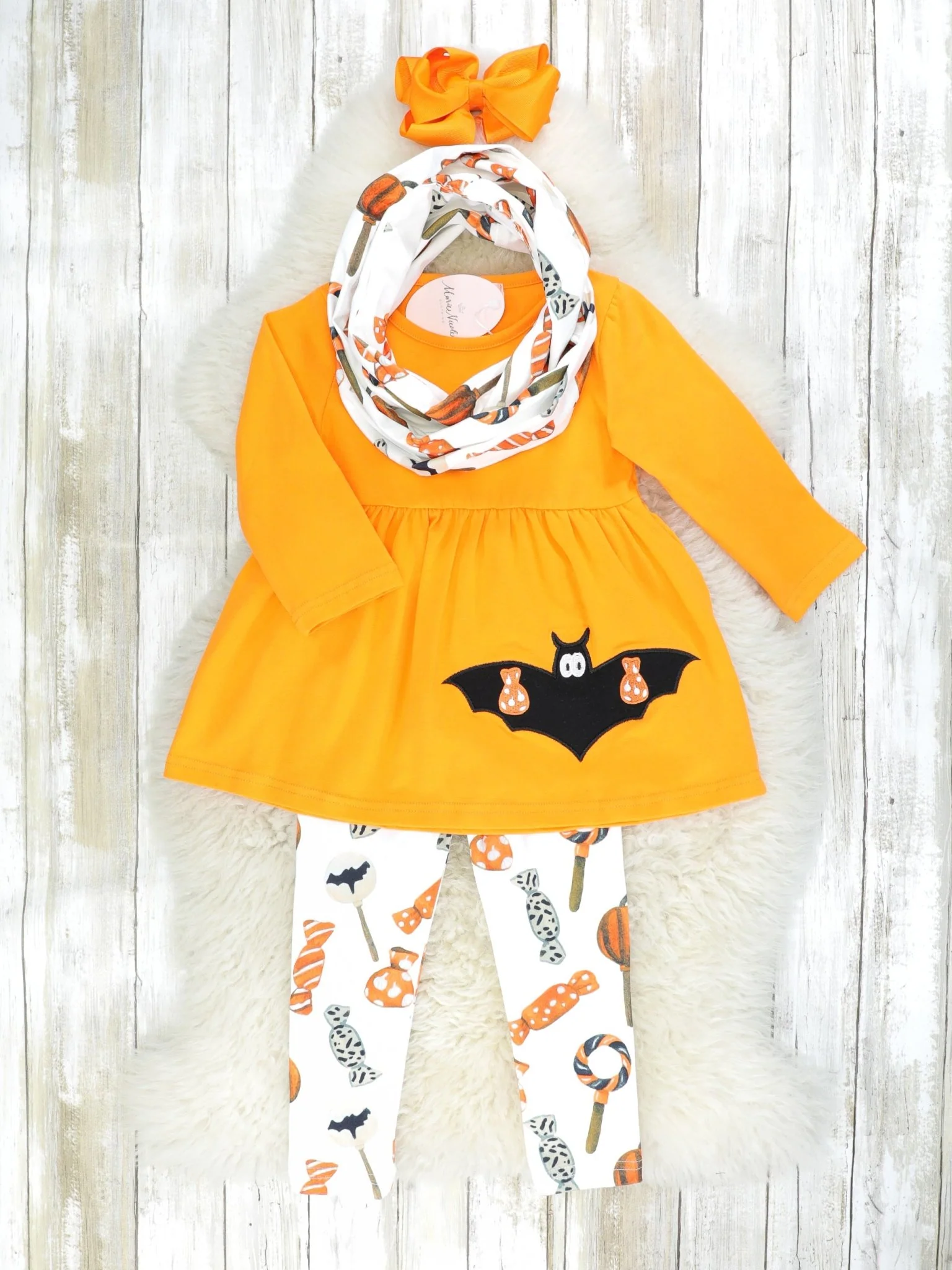 Orange Bat Peplum Top & Candies Bottoms Outfit W/ Scarf