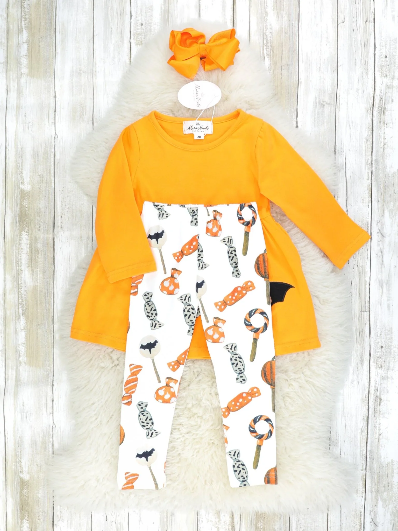Orange Bat Peplum Top & Candies Bottoms Outfit W/ Scarf - Image 3