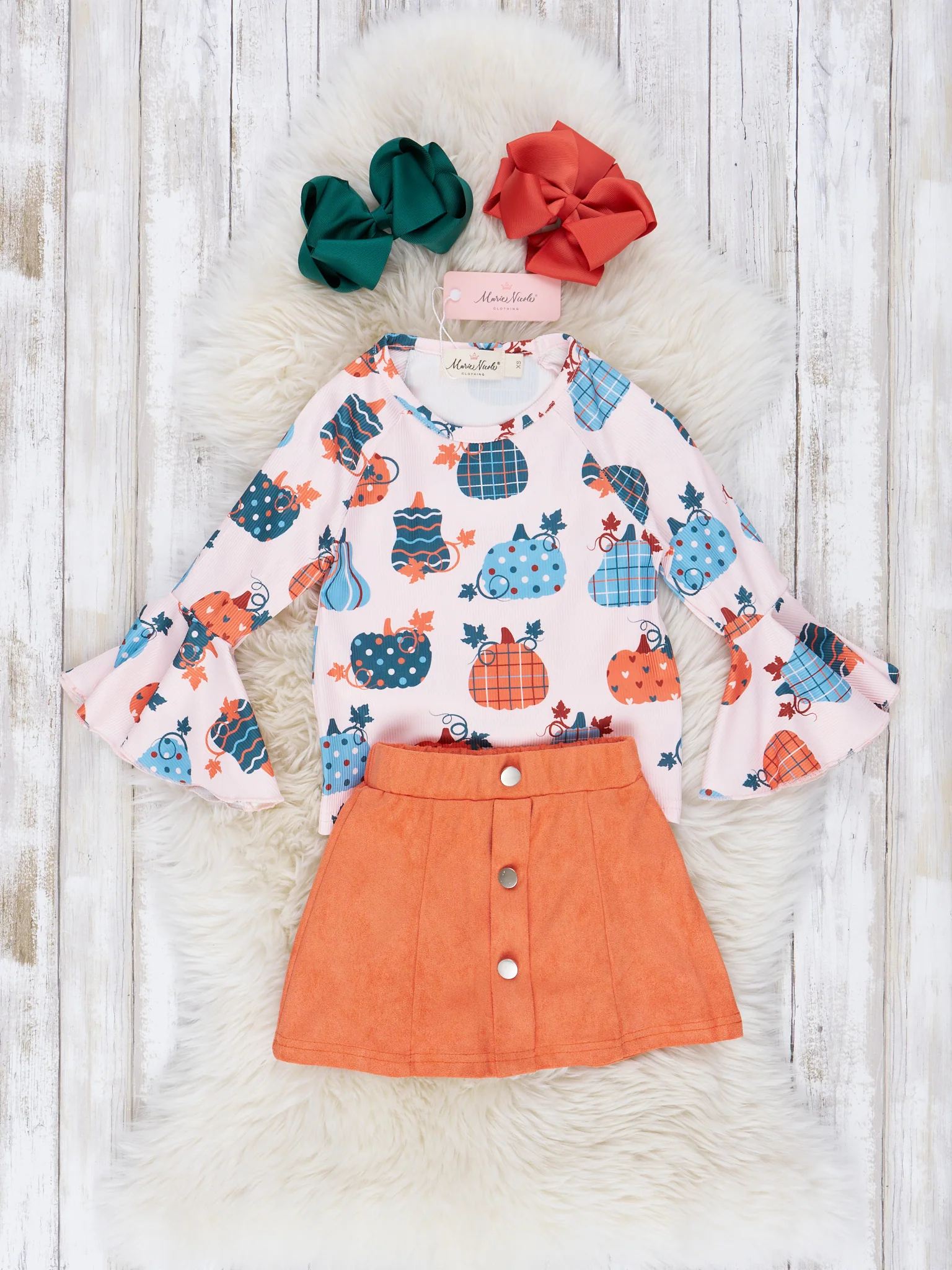 Orange & Cornflower Pumpkin Bell Sleeve Outfit - Image 2