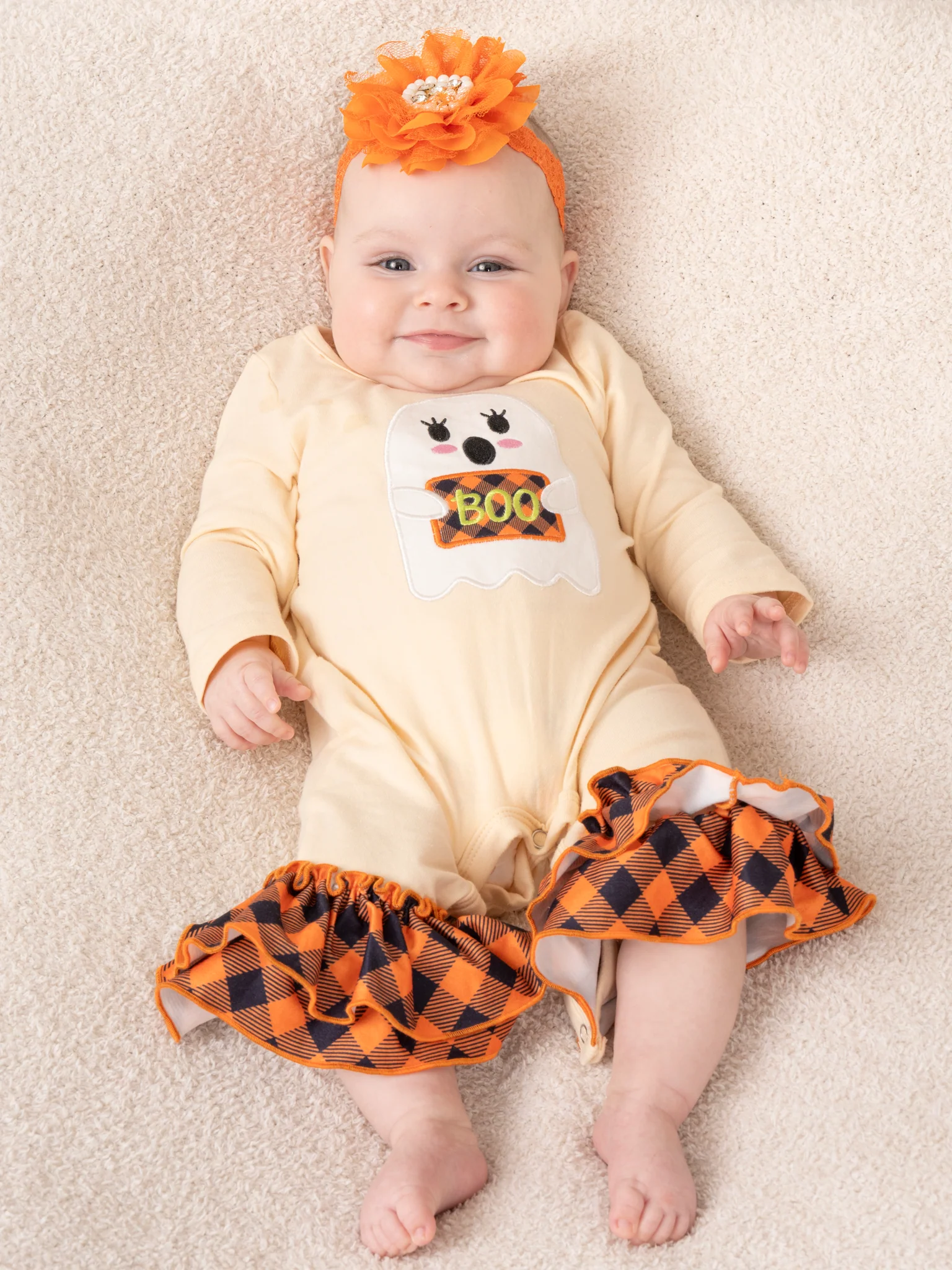 Orange Cream & Black Plaid Ghost Ruffle Romper