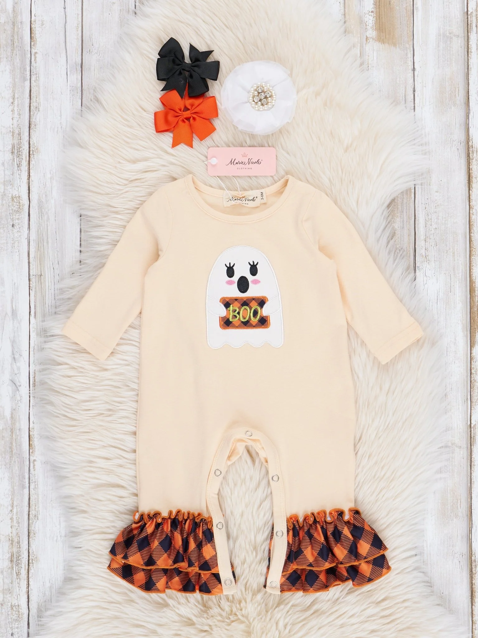 Orange Cream & Black Plaid Ghost Ruffle Romper - Image 2