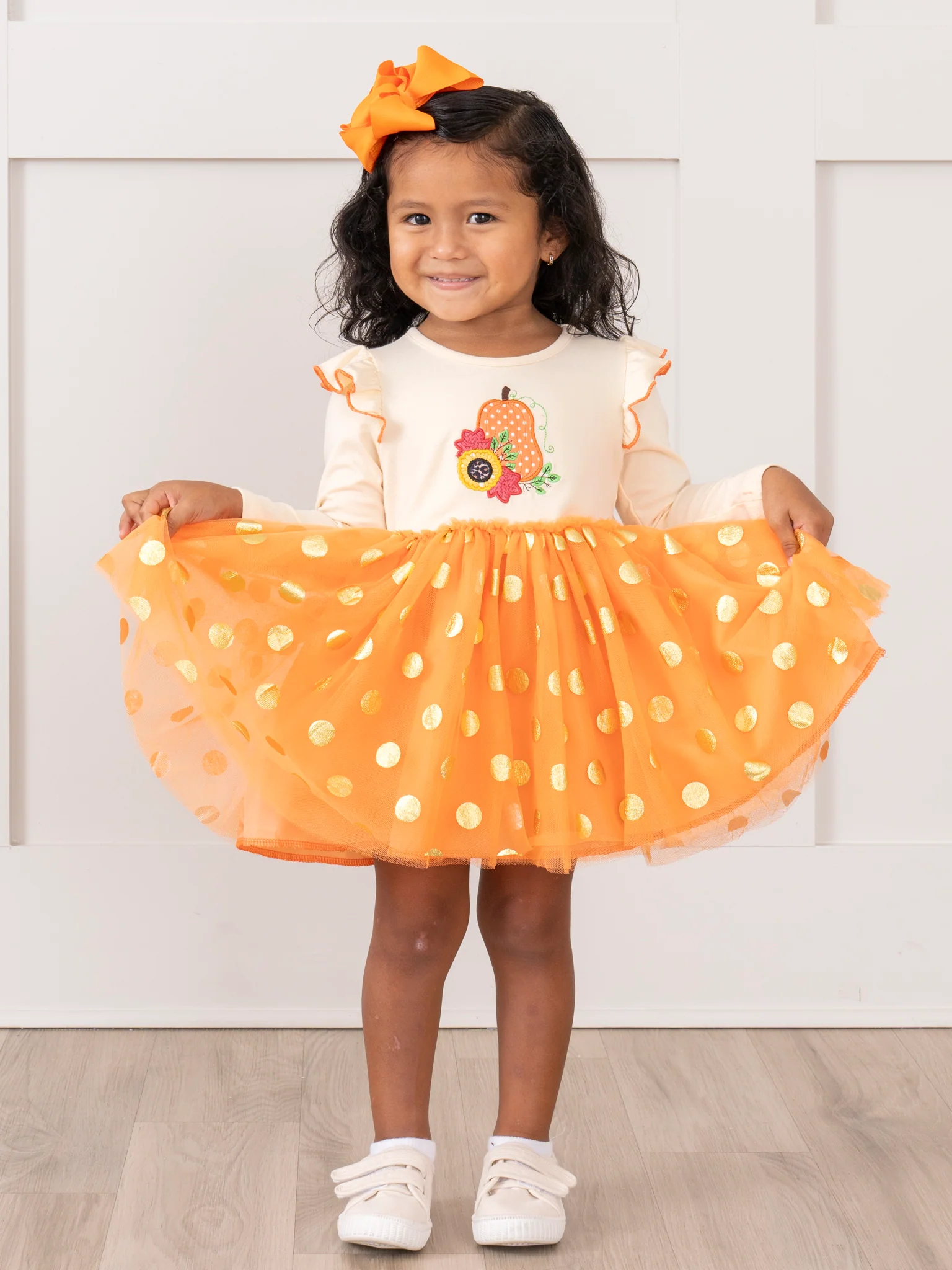 Orange Embroidered Gourds Polka Dot Tulle Dress - Image 3