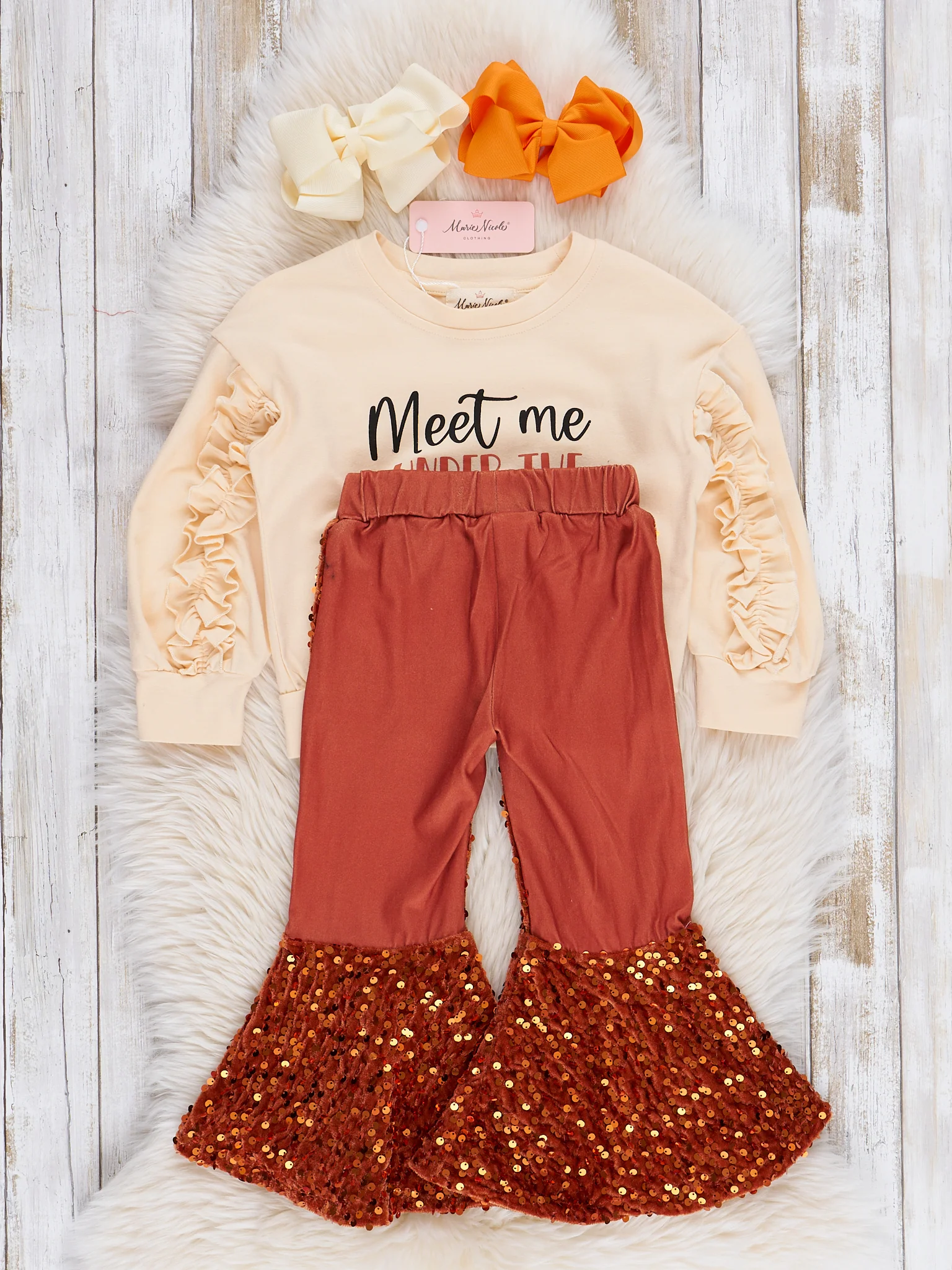 Orange Falling Leaves Sequin Bell Bottoms Outfit - Image 3