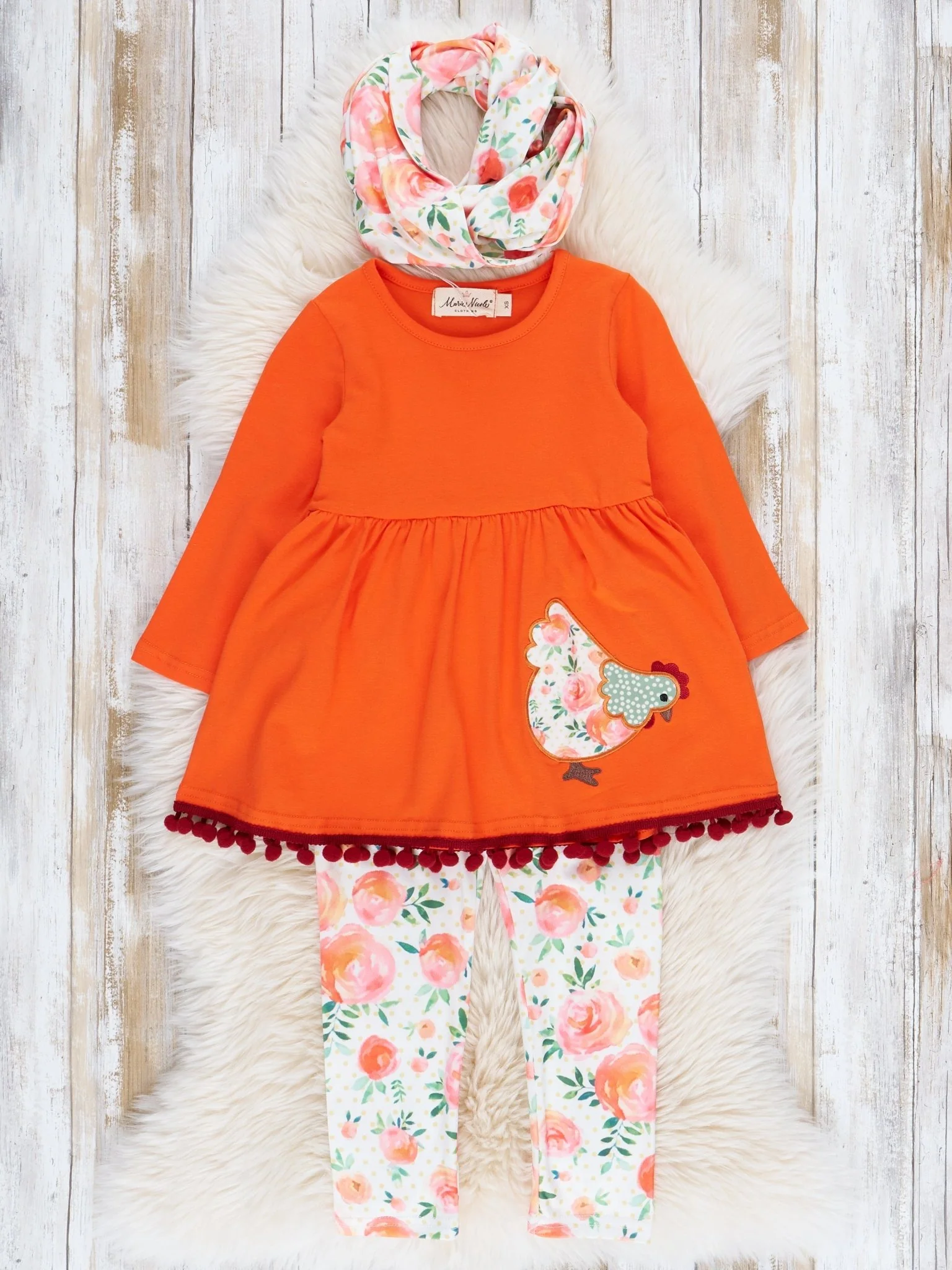 Orange Floral Chicken Pom Pom Outfit w/ Scarf - Image 2