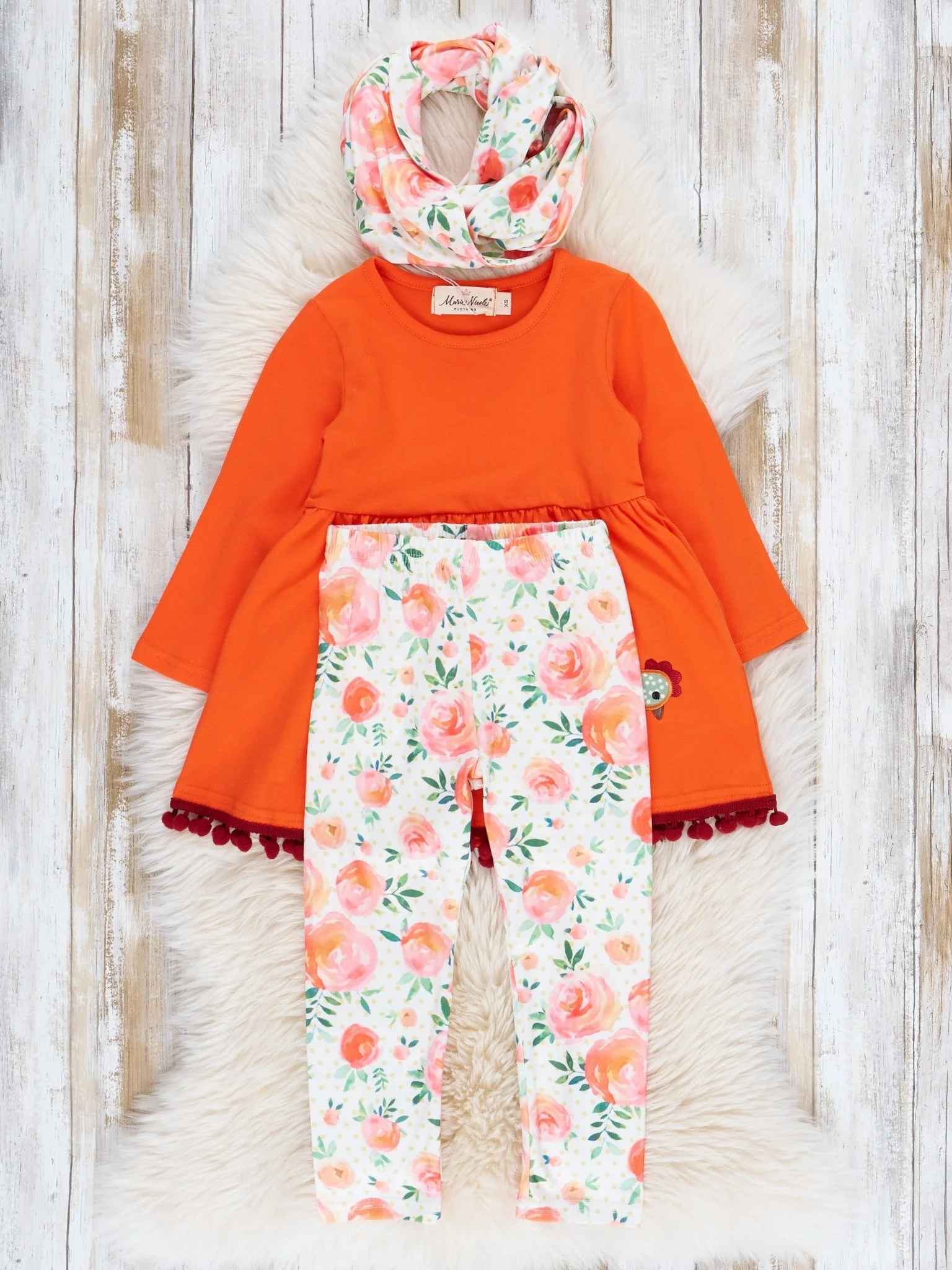 Orange Floral Chicken Pom Pom Outfit w/ Scarf - Image 3