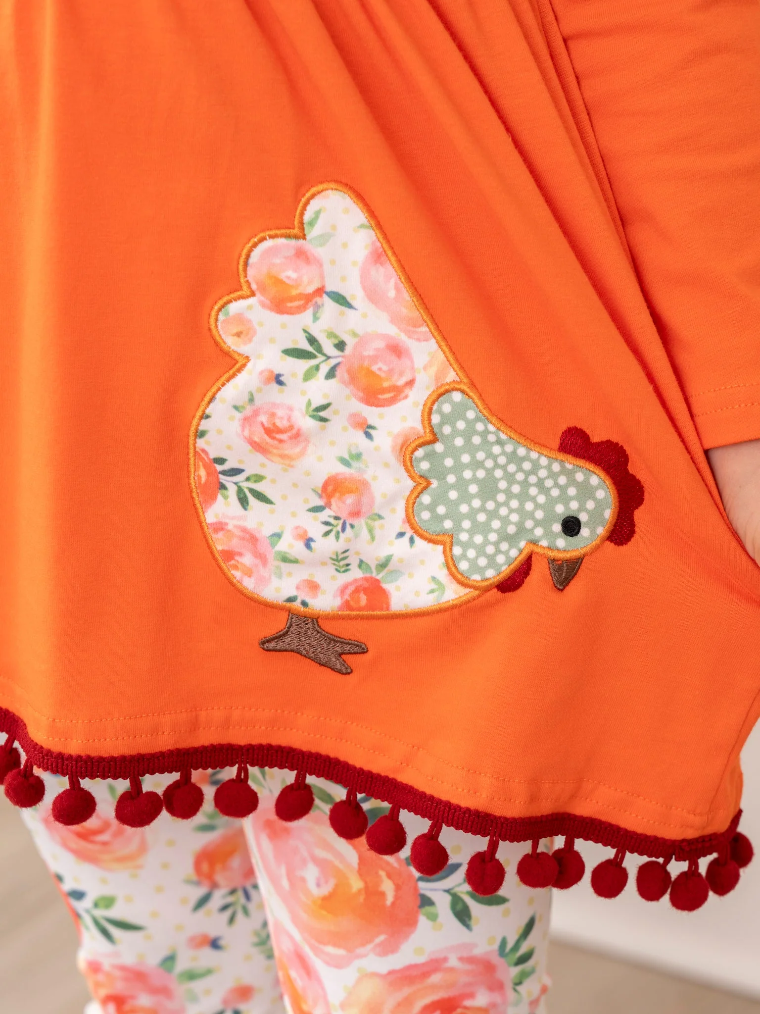 Orange Floral Chicken Pom Pom Outfit w/ Scarf - Image 4