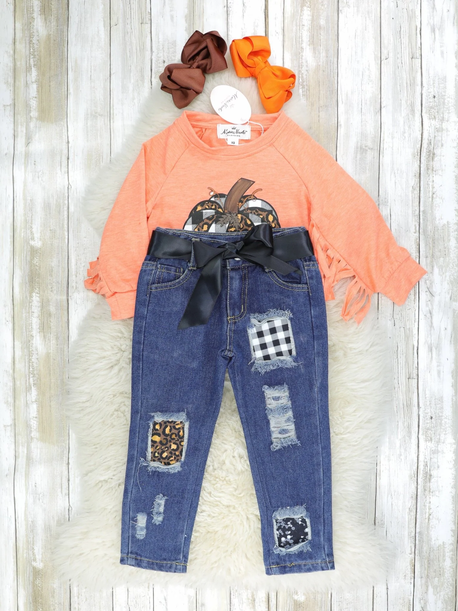 Orange Fringe Pumpkin Denim Outfit - Image 2