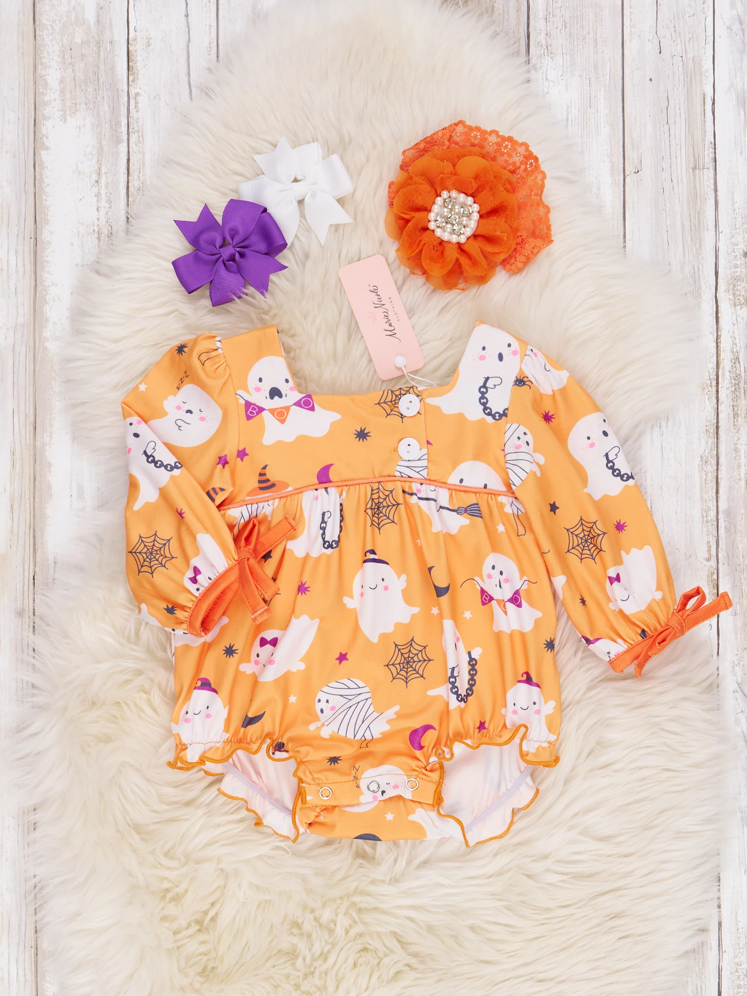 Orange Ghost Party Bow Romper