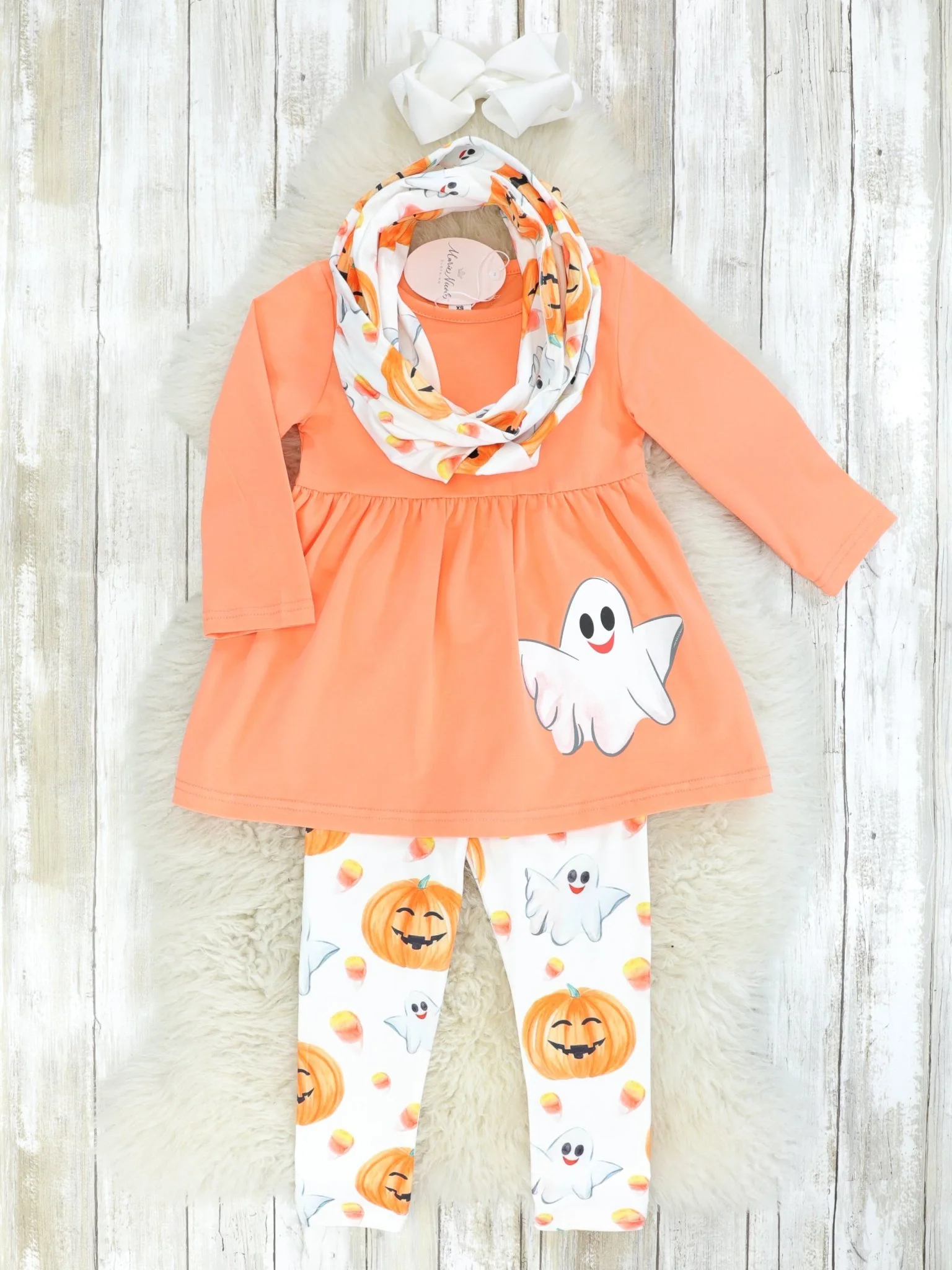 Orange Ghost Peplum Top & Pumpkin Candy Corn Bottoms Outfit W/ Scarf