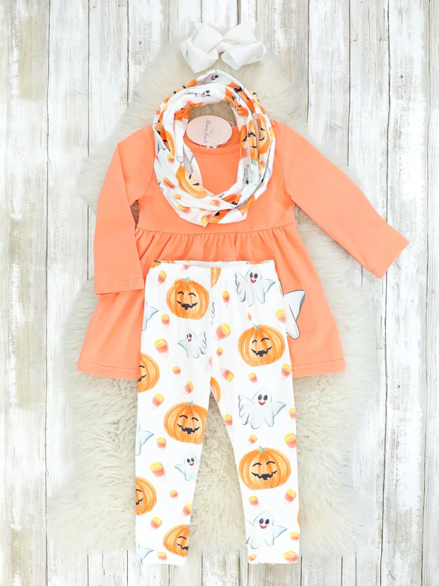 Orange Ghost Peplum Top & Pumpkin Candy Corn Bottoms Outfit W/ Scarf - Image 2