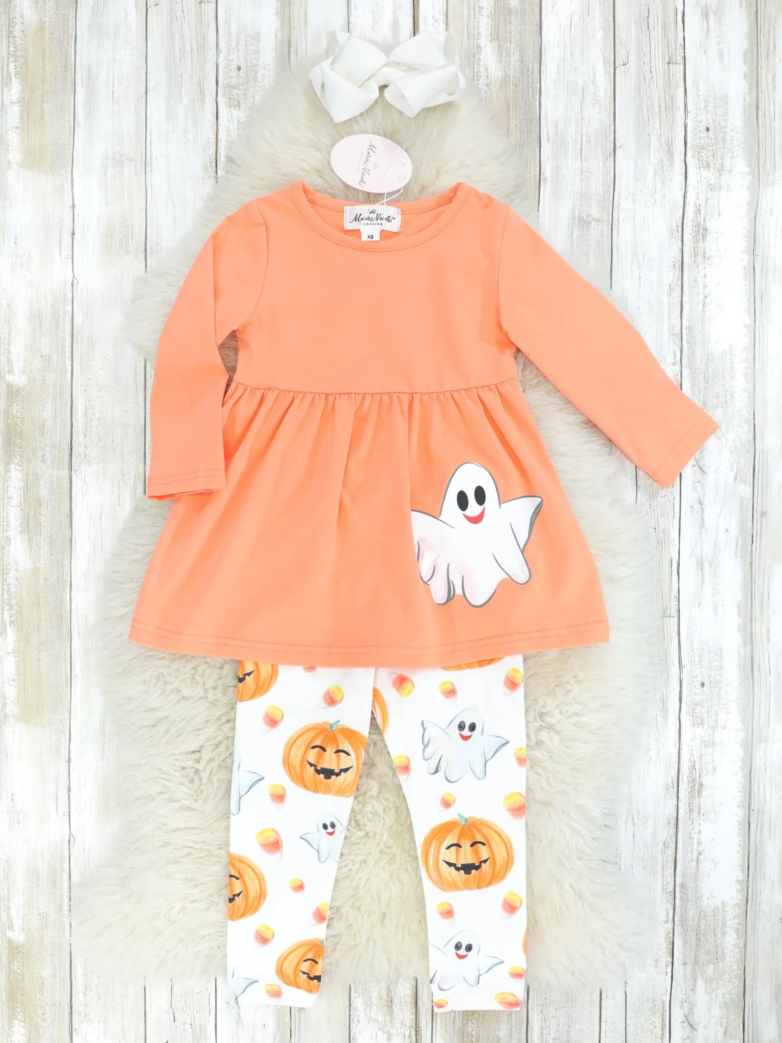 Orange Ghost Peplum Top & Pumpkin Candy Corn Bottoms Outfit W/ Scarf - Image 3