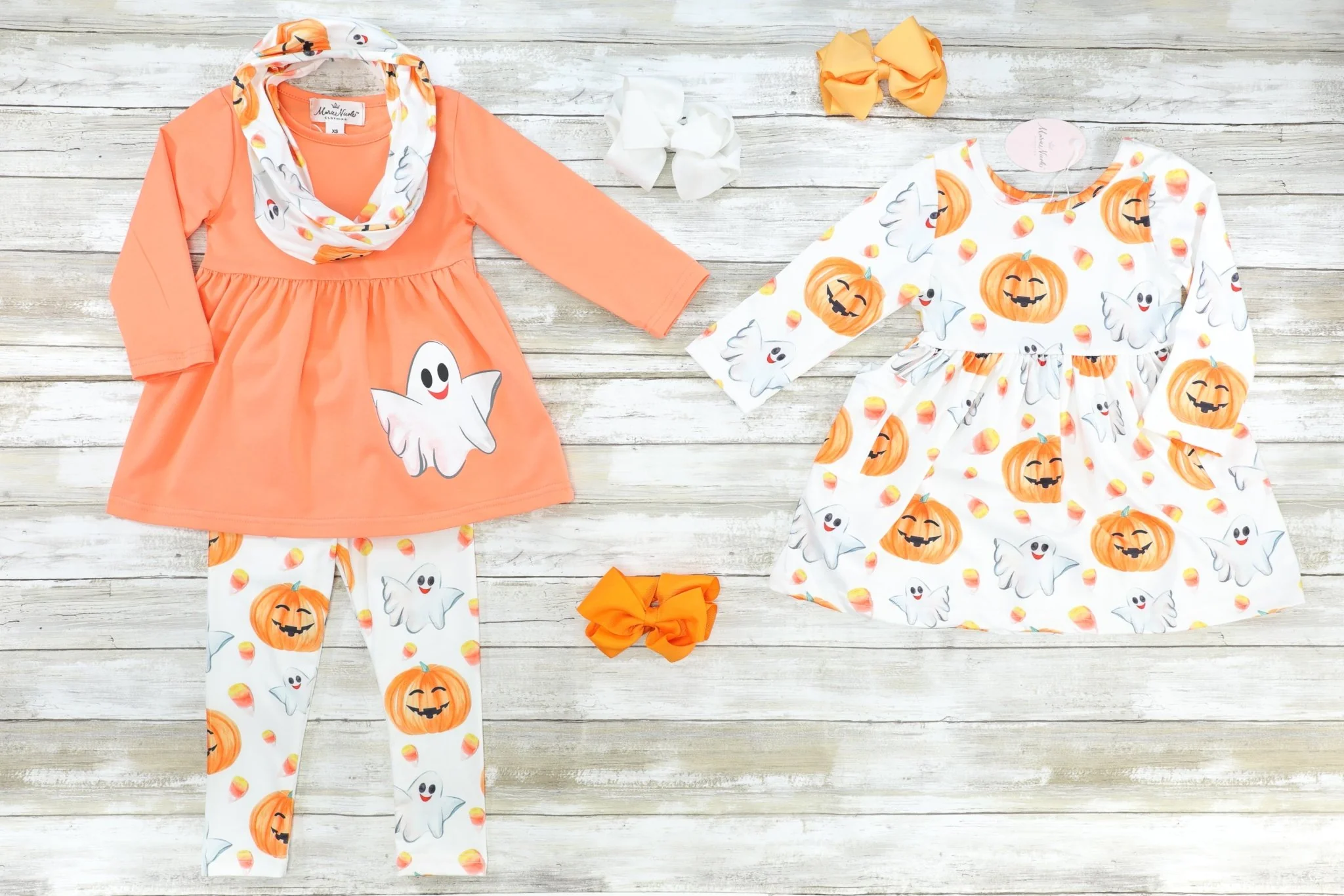 Orange Ghost Peplum Top & Pumpkin Candy Corn Bottoms Outfit W/ Scarf - Image 4