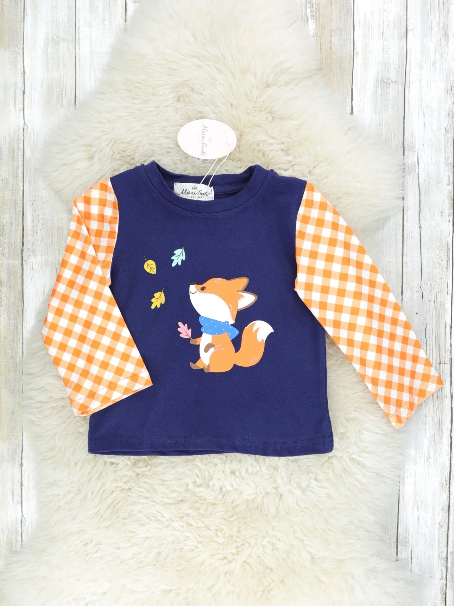 Orange Gingham & Navy Fox Long Sleeve Shirt