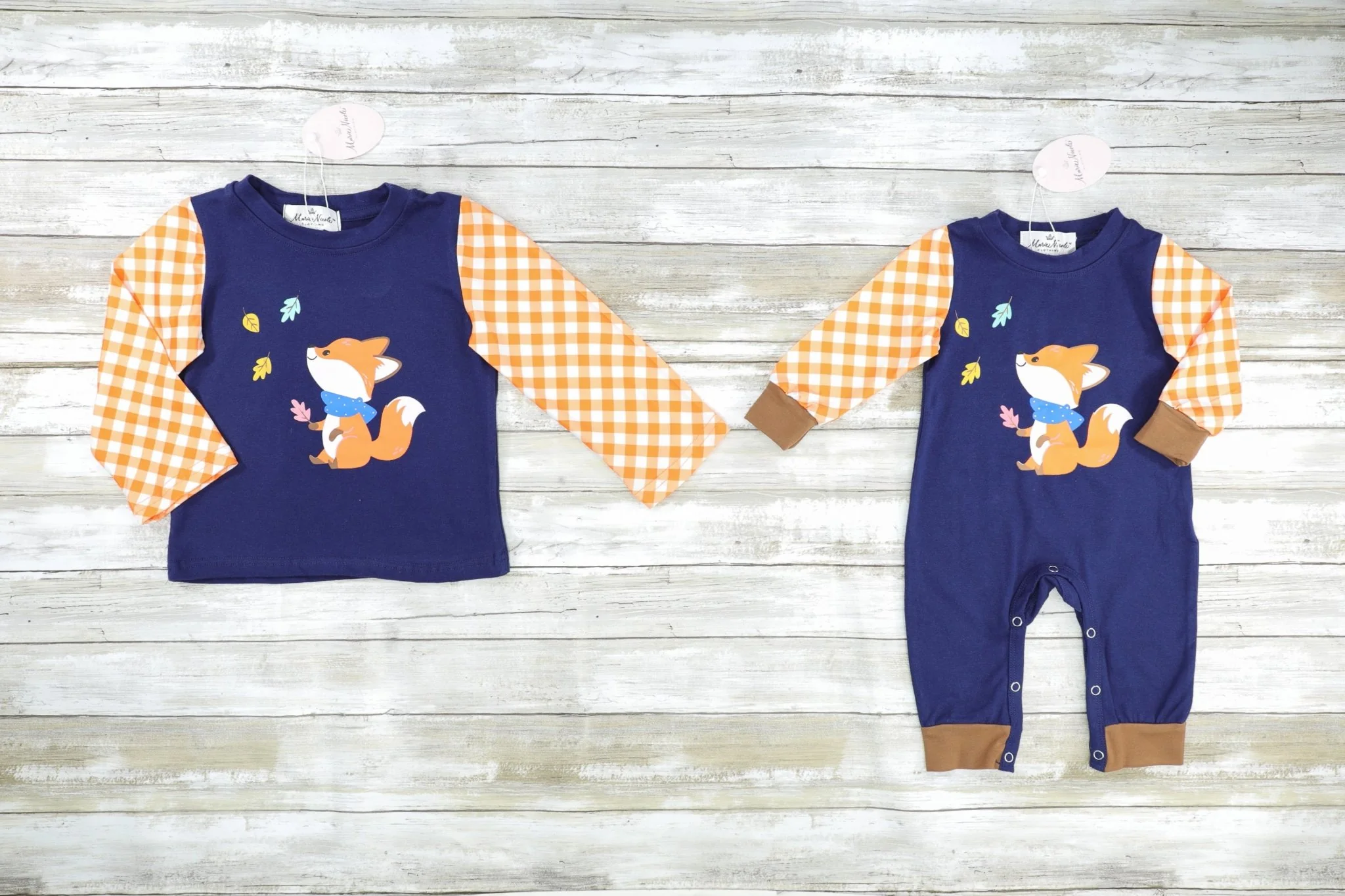 Orange Gingham & Navy Fox Long Sleeve Shirt - Image 2