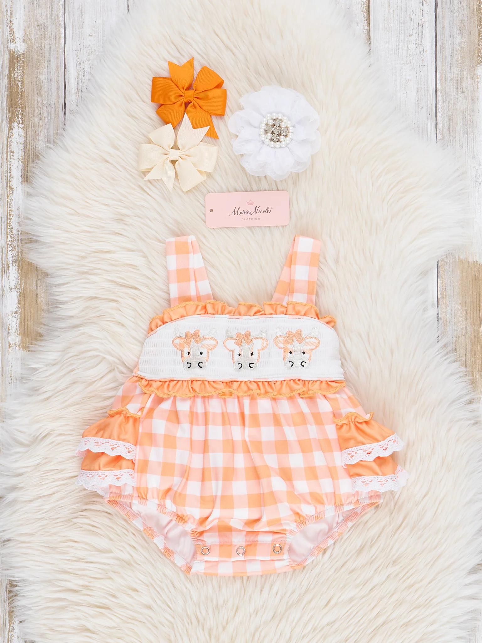 Orange Gingham Cows Smocked Ruffle Bubble Romper