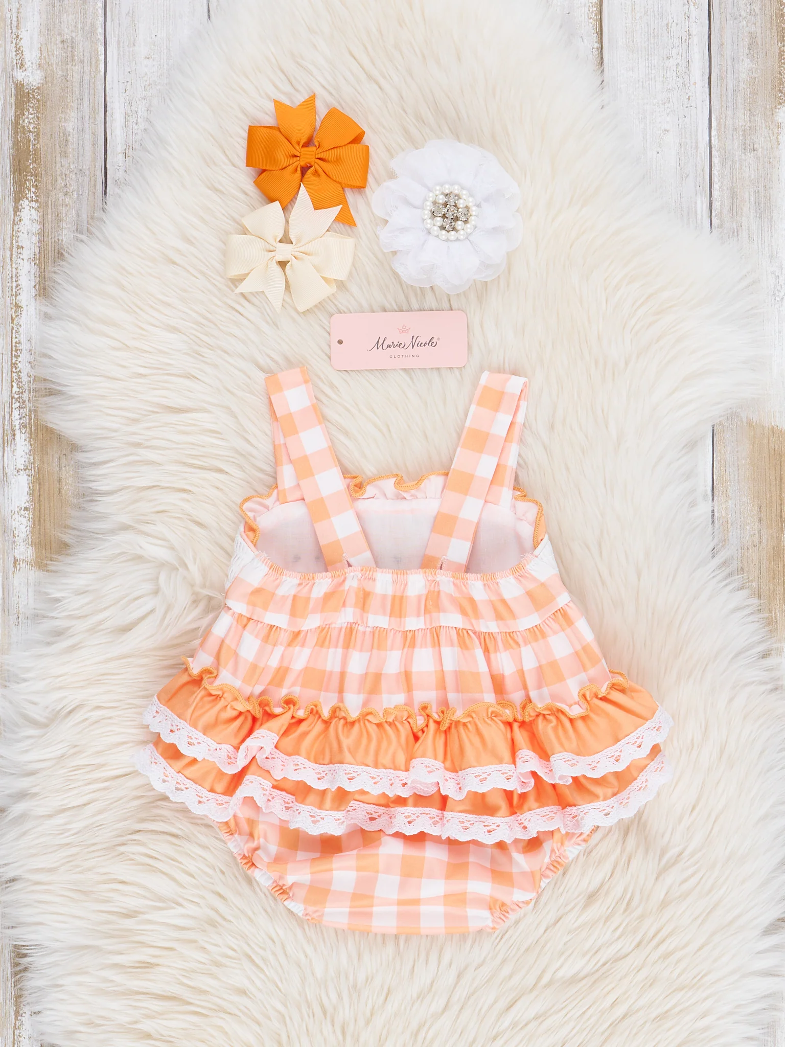 Orange Gingham Cows Smocked Ruffle Bubble Romper - Image 2