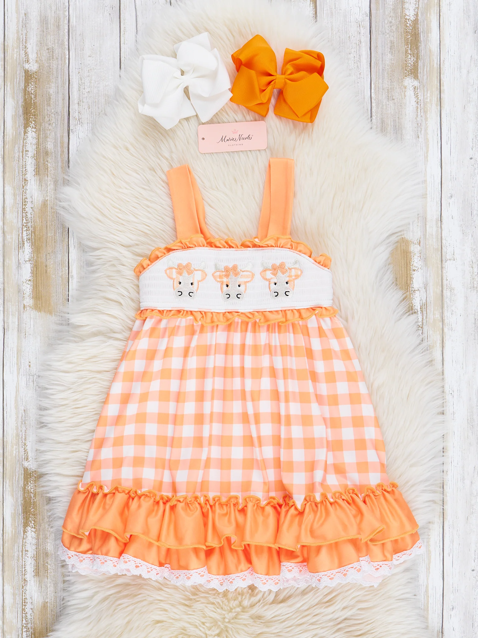 Orange Gingham Cows Smocked Ruffle Dress