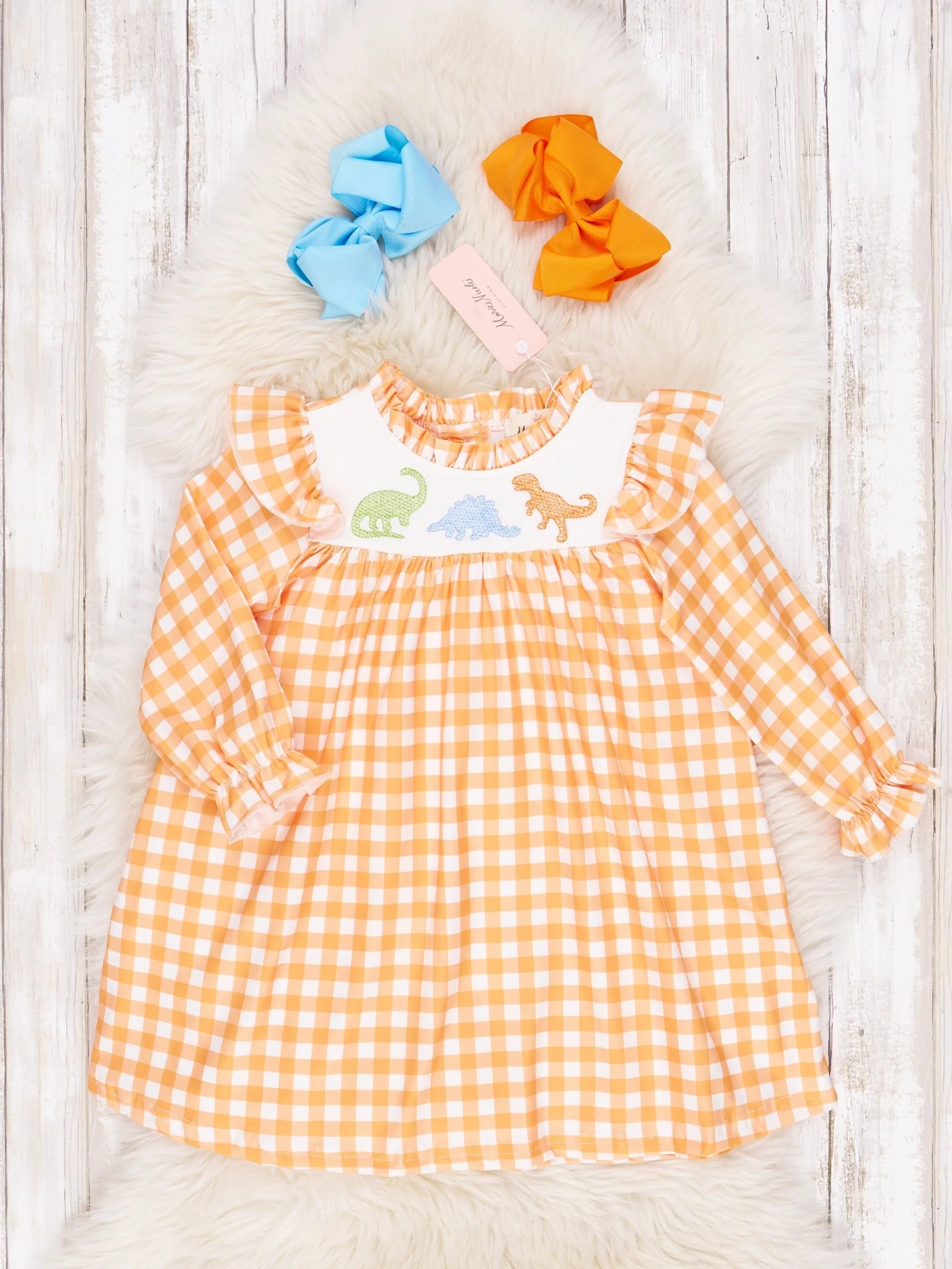 Orange Gingham Dinosaur Ruffle Dress