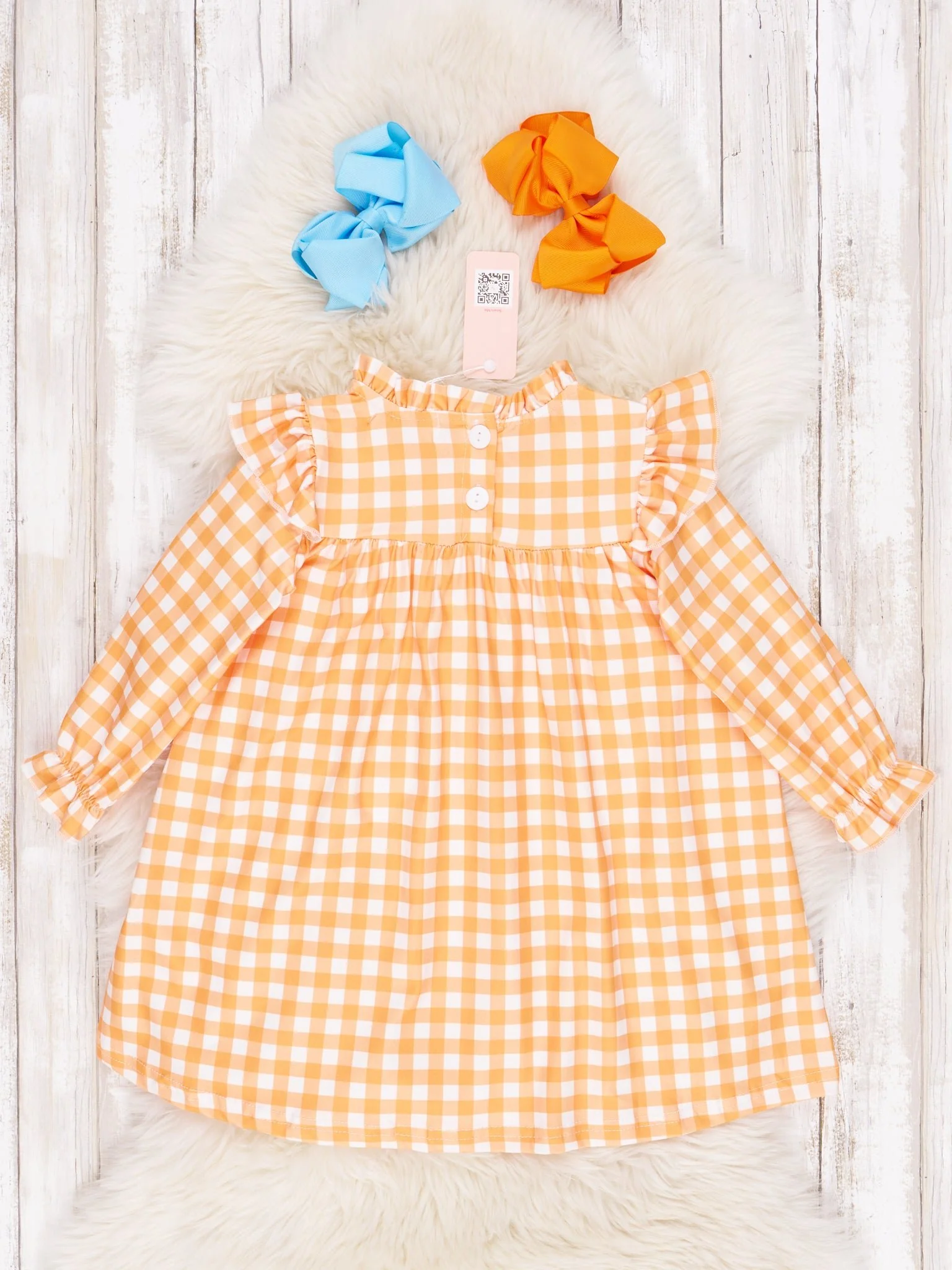 Orange Gingham Dinosaur Ruffle Dress - Image 2