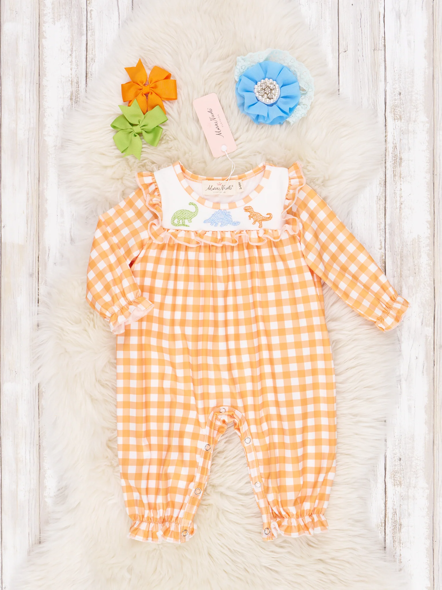 Orange Gingham Dinosaur Ruffle Romper
