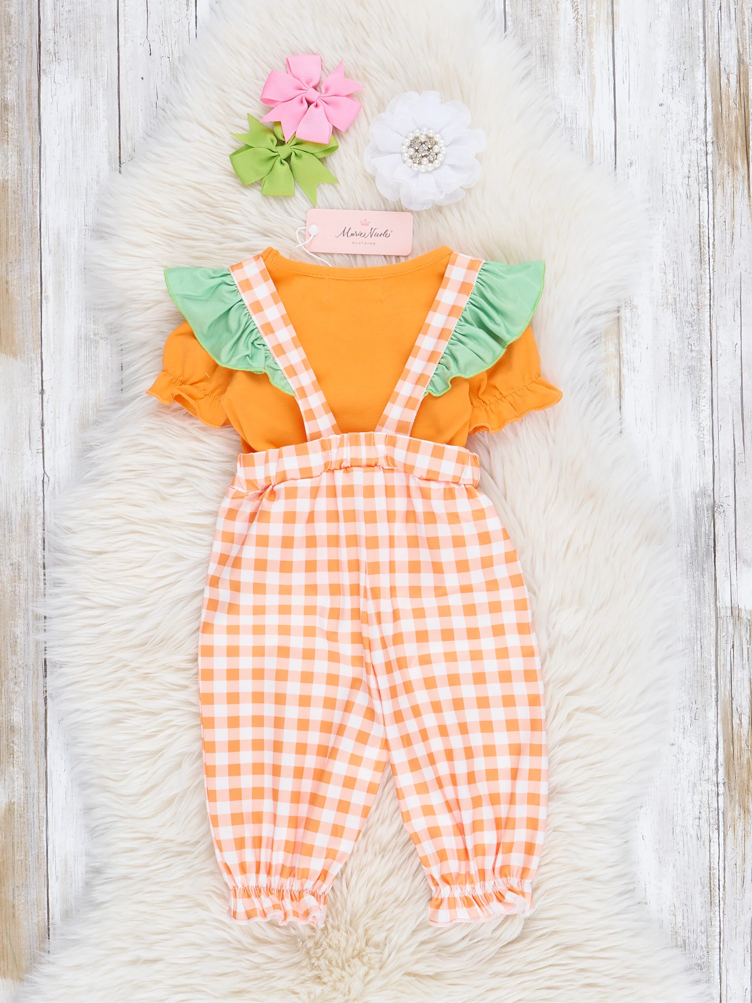 Orange Gingham Embroidered Carrot Overalls Set - Image 2