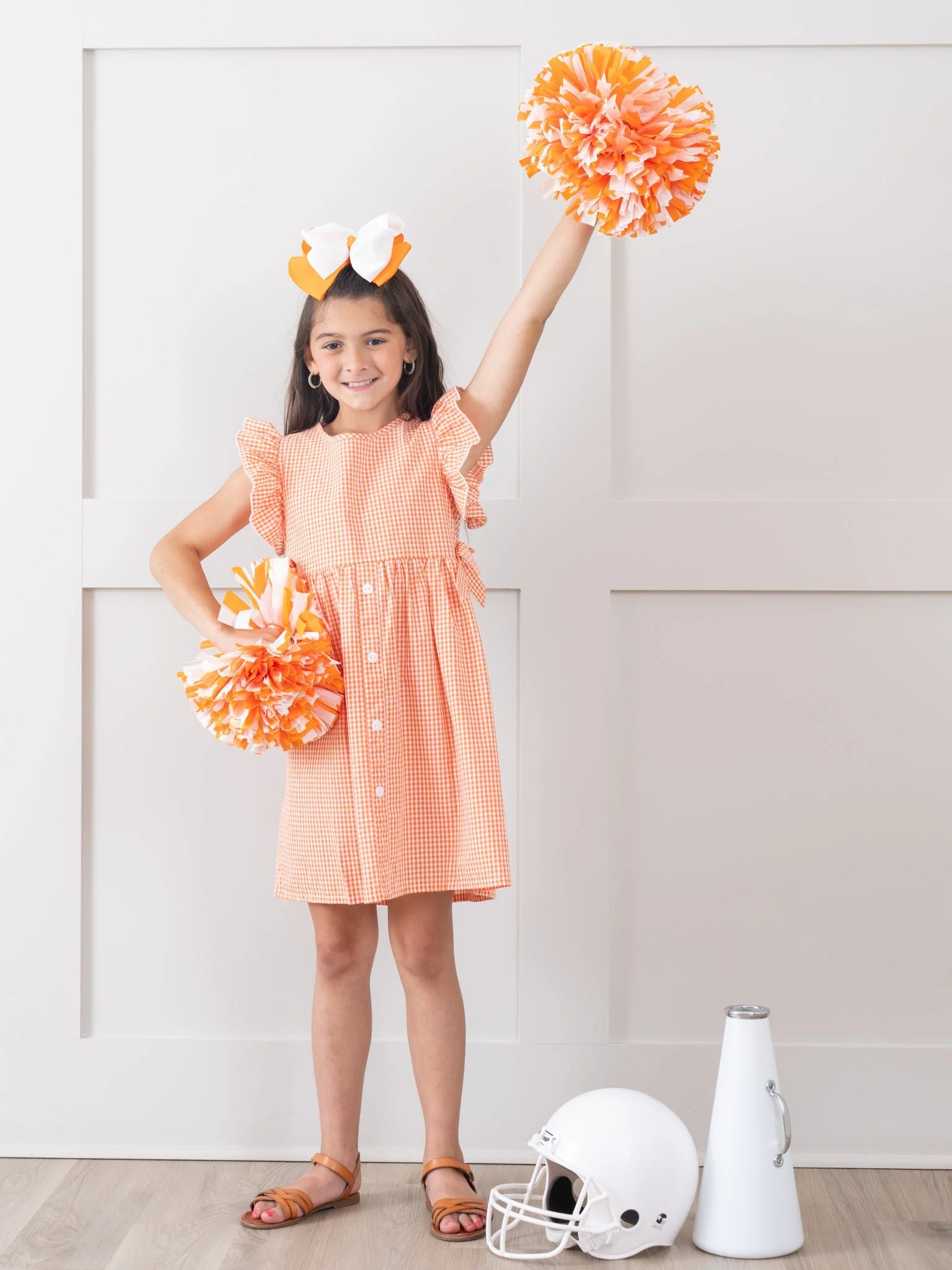 Orange & White Gingham Ruffle Bow Dress