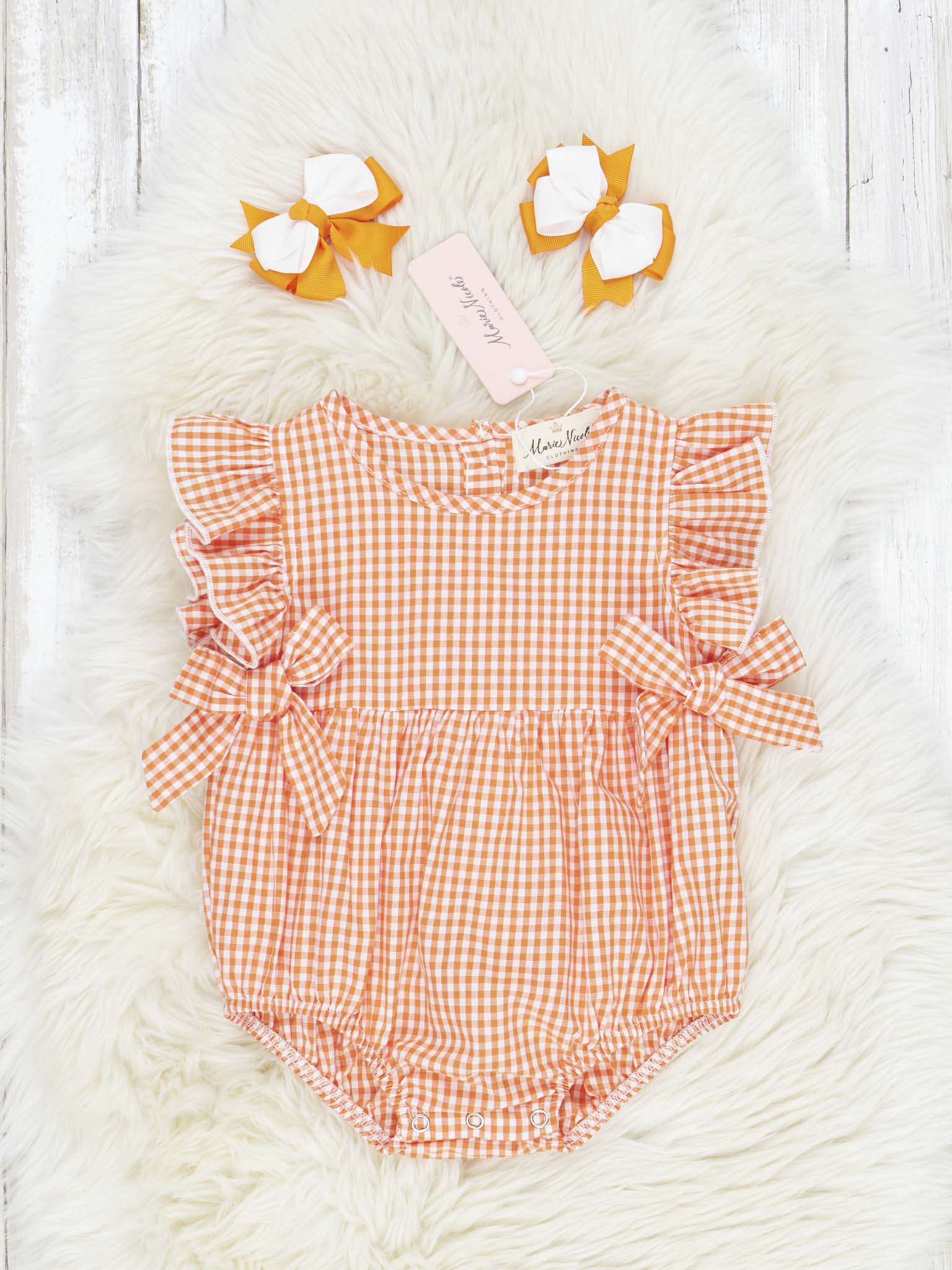 Orange & White Gingham Ruffle Bow Romper - Image 2