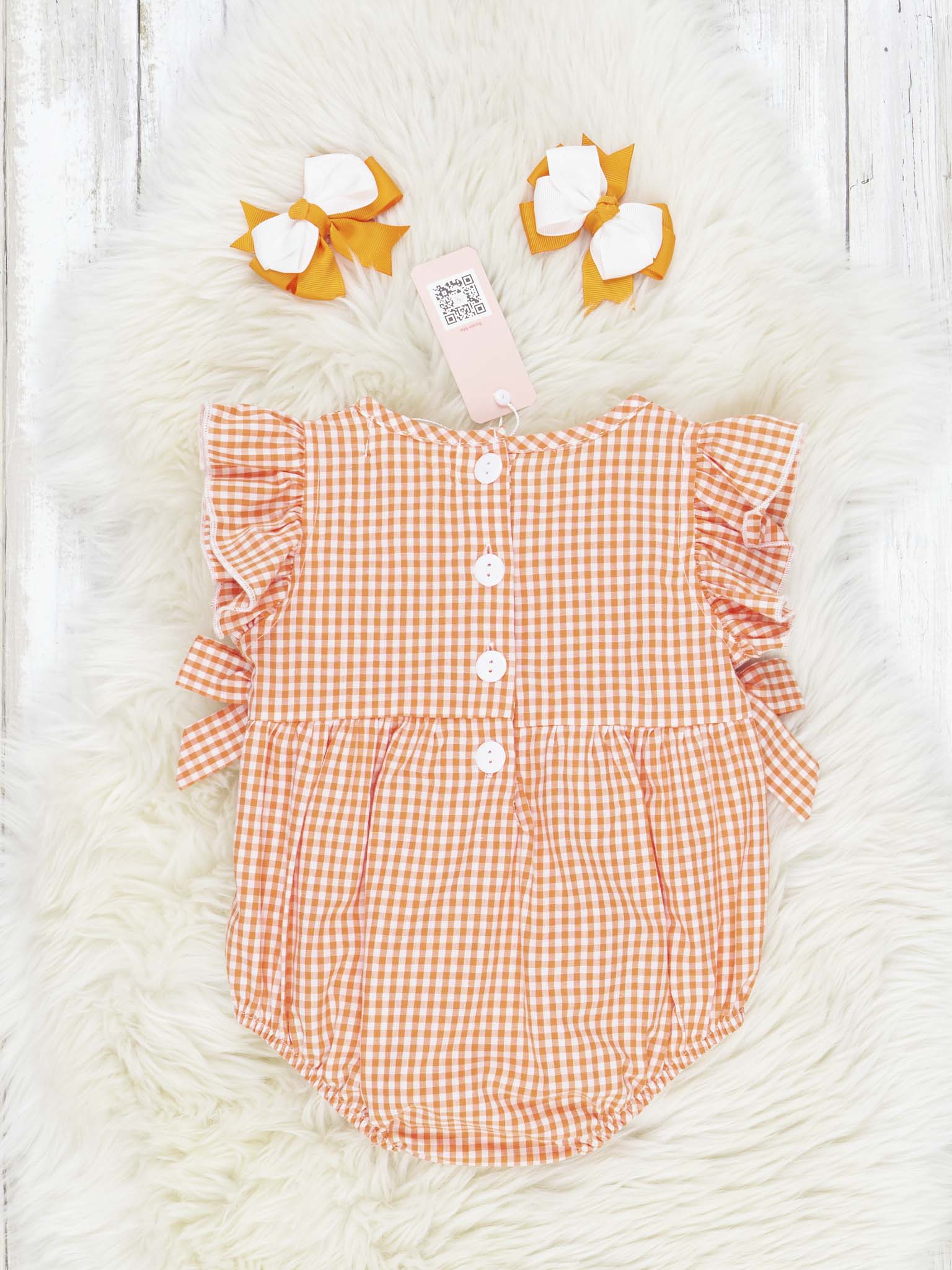Orange & White Gingham Ruffle Bow Romper - Image 3
