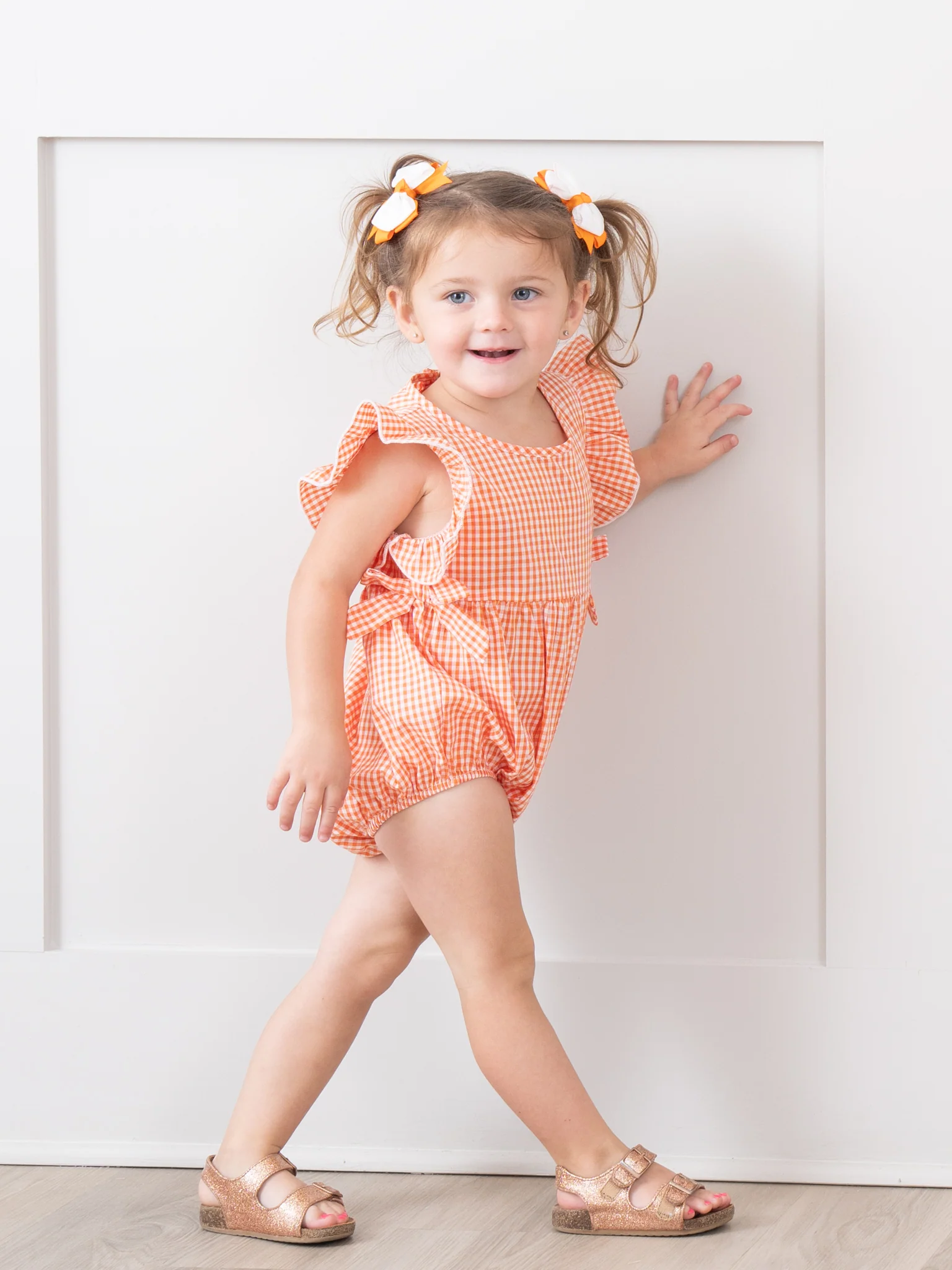 Orange & White Gingham Ruffle Bow Romper - Image 5