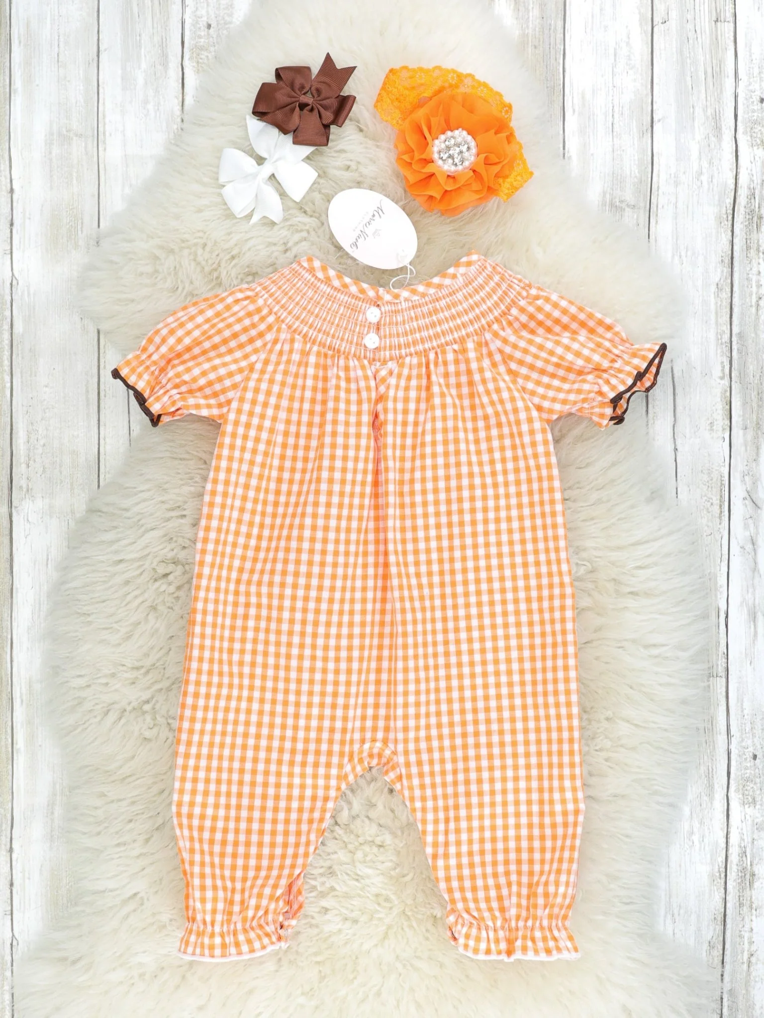 Orange Gingham Smocked Turkey Ruffle Romper - Image 2