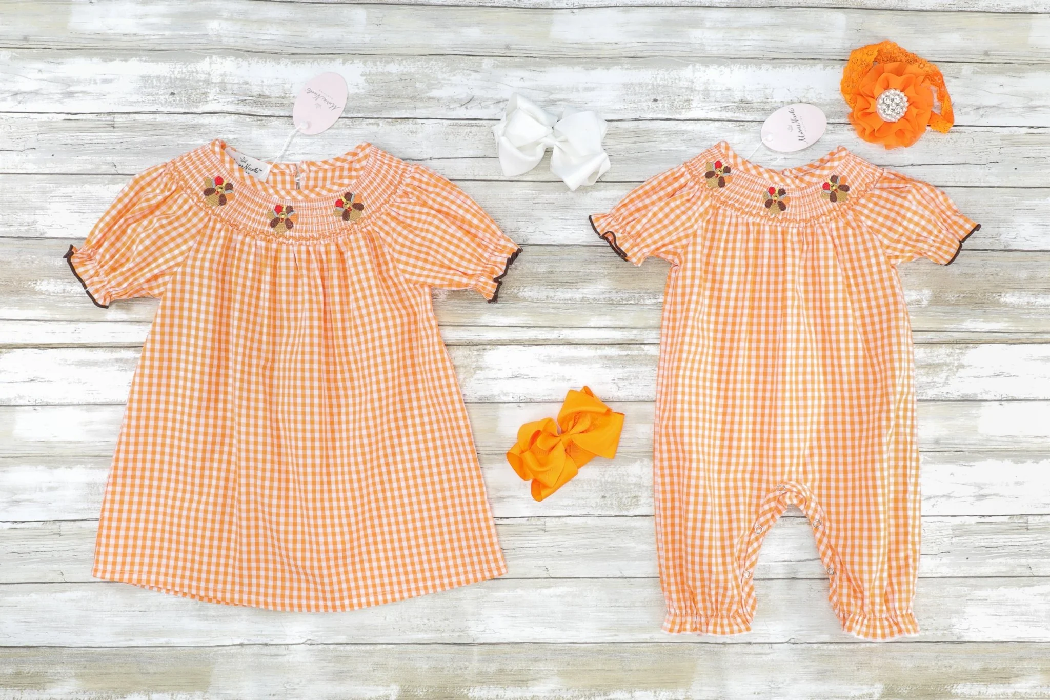 Orange Gingham Smocked Turkey Ruffle Romper - Image 4