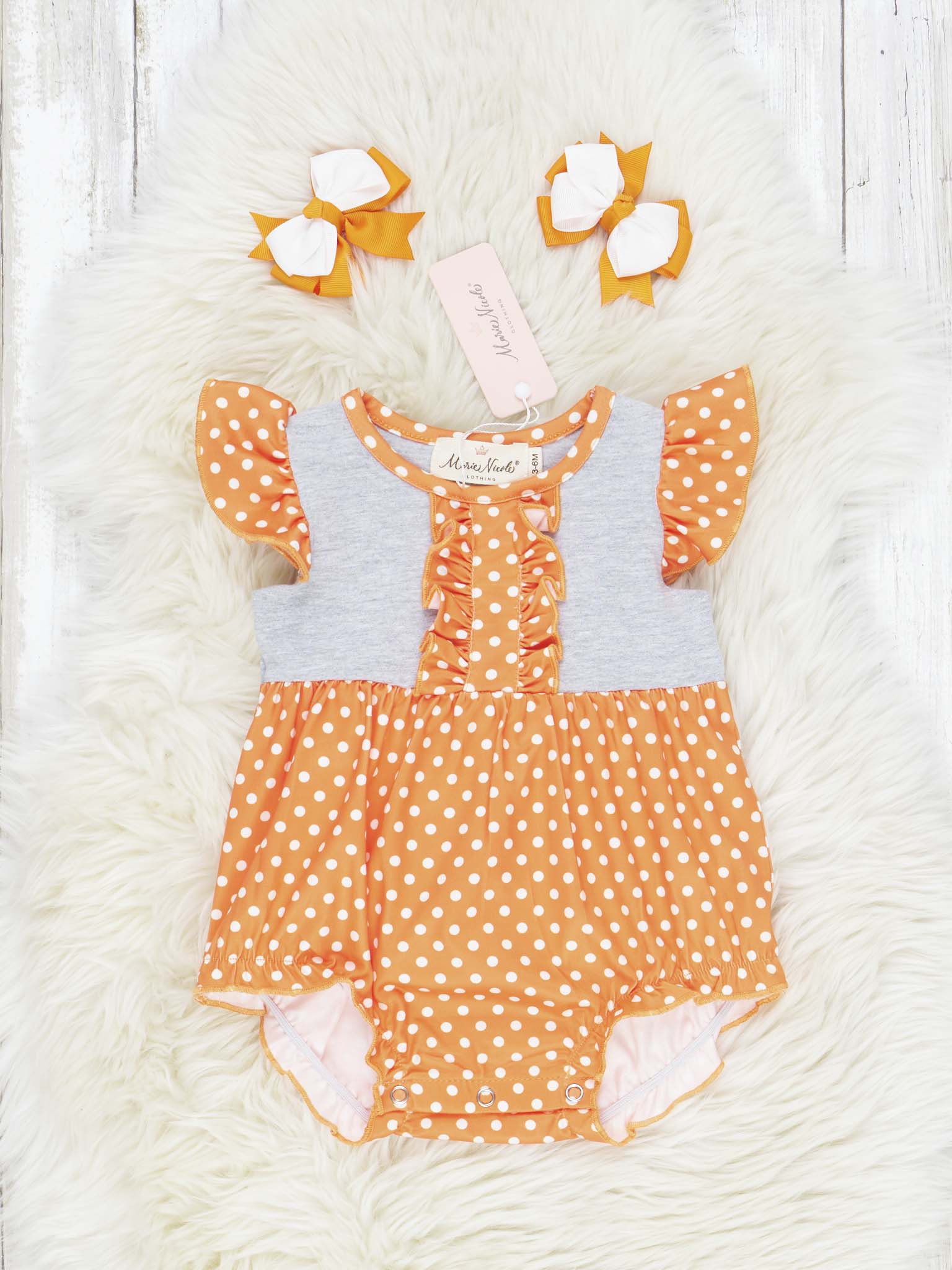 Orange & White Polka Dot Ruffle Romper