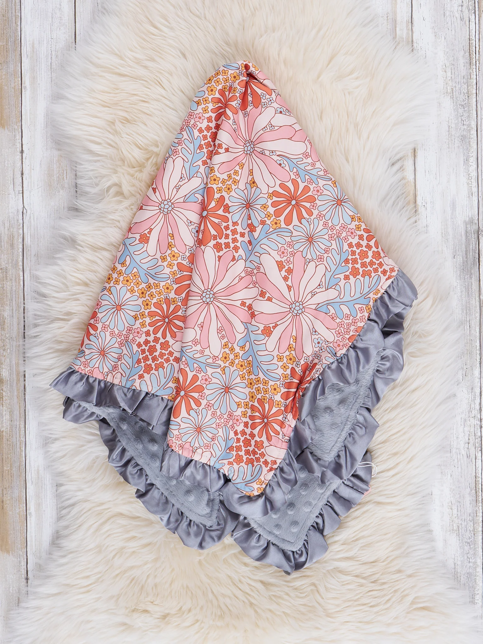Orange & Grey Wildflowers Ruffle Minky Blanket