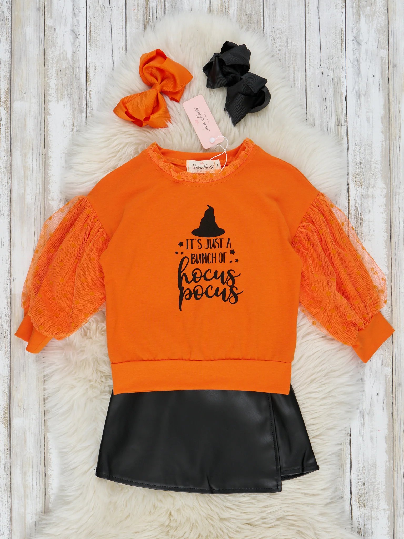 Orange "Just A Bunch of Hocus Pocus" Swiss Dot Top & Leather Skirt Set