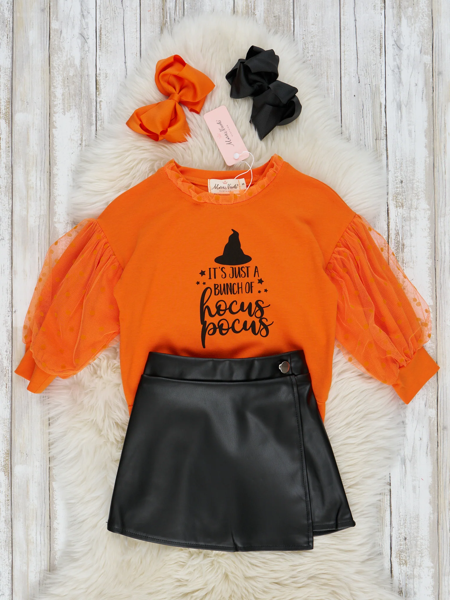 Orange "Just A Bunch of Hocus Pocus" Swiss Dot Top & Leather Skirt Set - Image 2