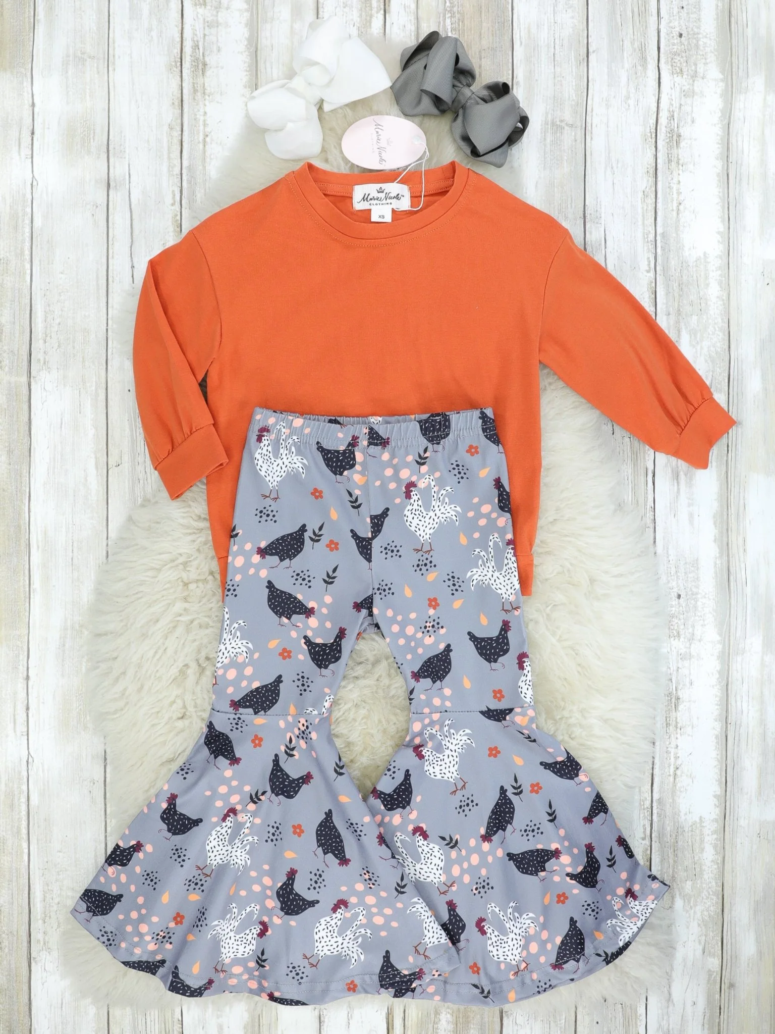 Orange Long Sleeve & Spotted Chicken Bell Bottoms Outfit - Image 2