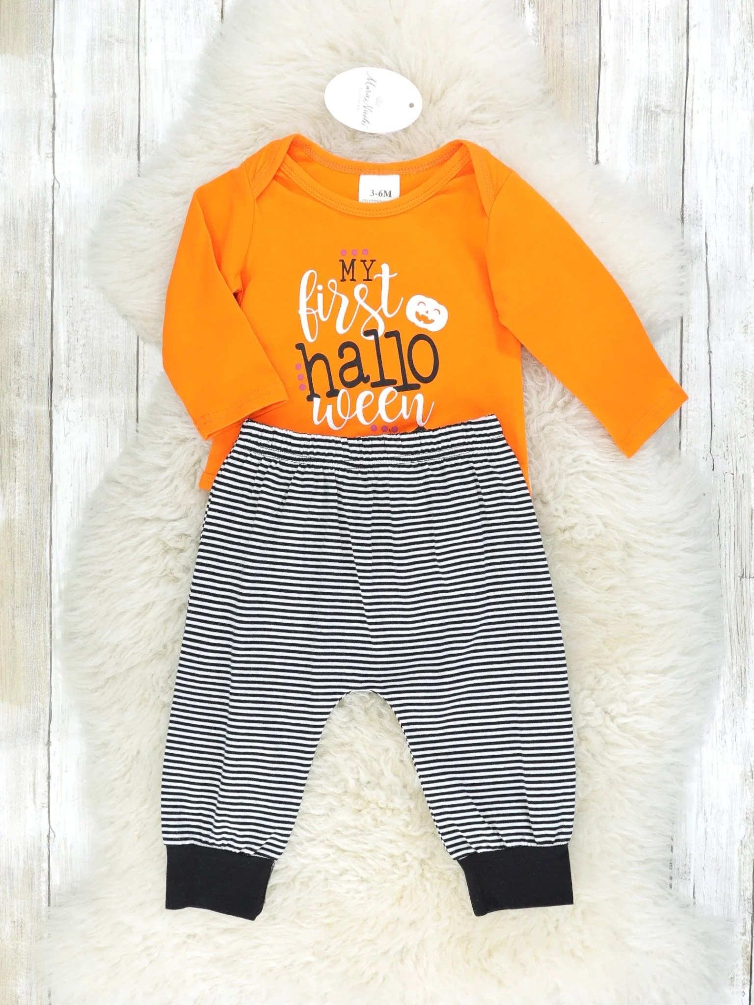 Orange "My First Halloween" Onesie & Striped Joggers Outfit - Image 2