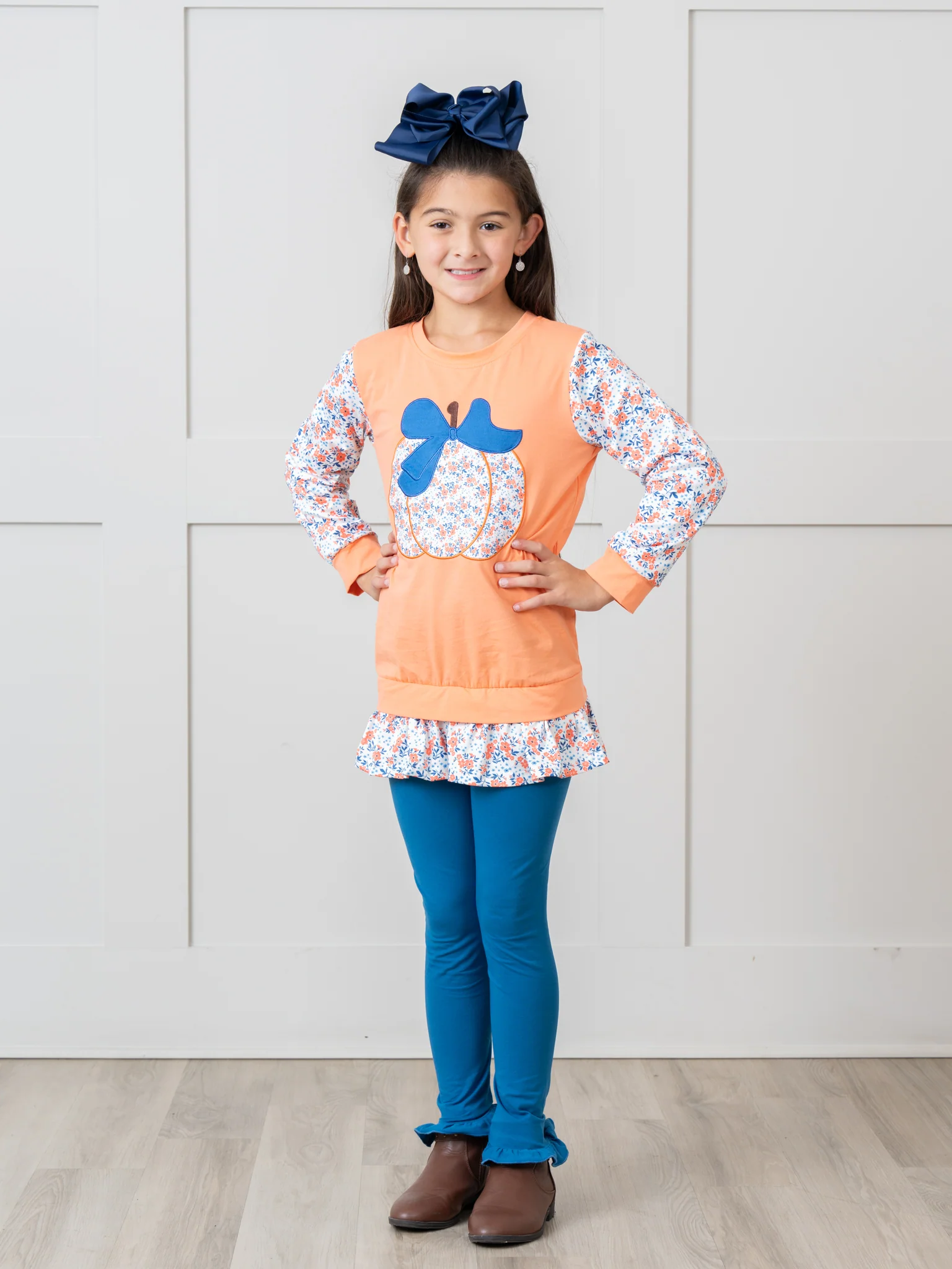 Orange & Navy Floral Pumpkin Ruffle Outfit